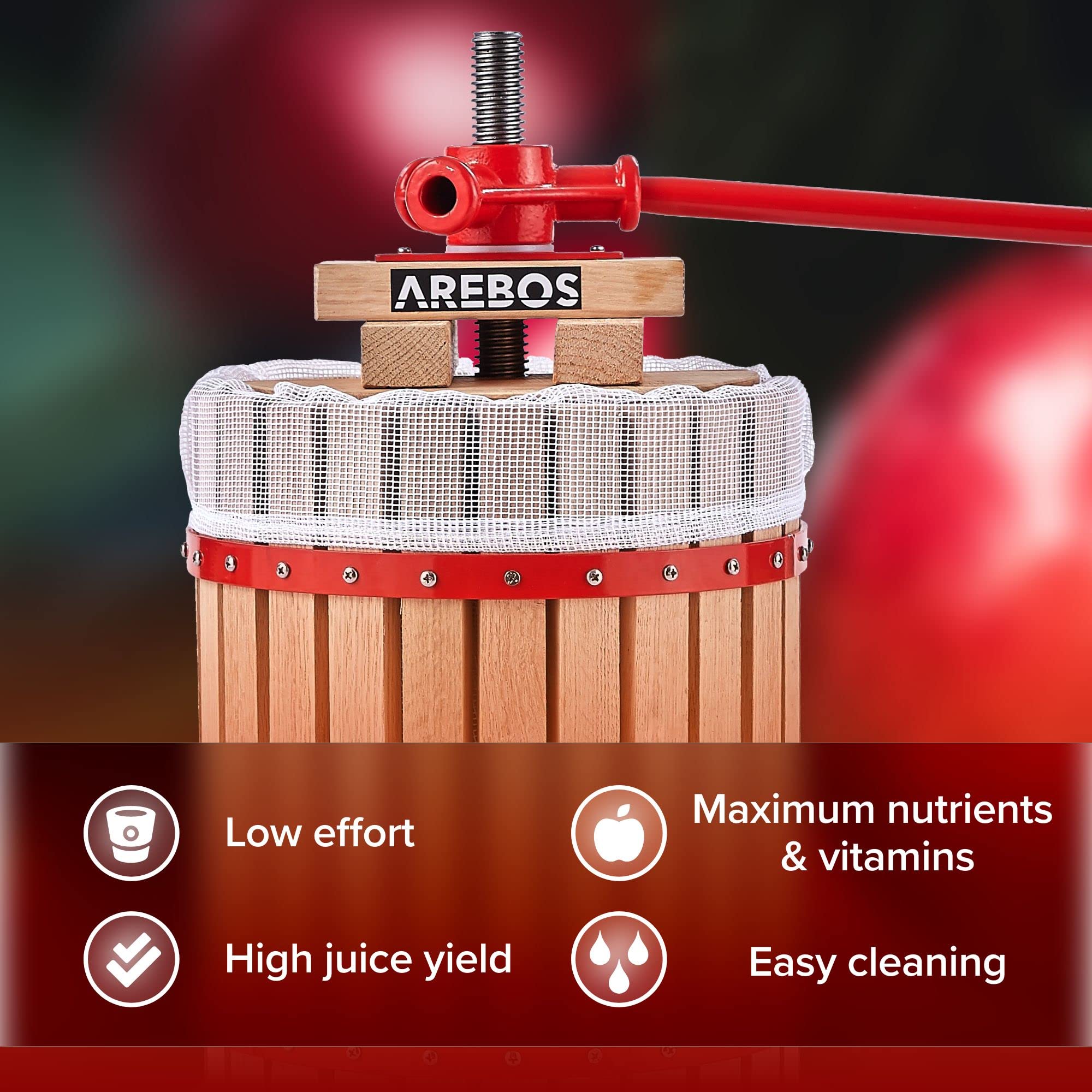 AREBOS Prensa de frutas de 30 l, exprimidor manual de bayas, incluye paño de prensado, placa de presión y husillo de metal, para todo tipo de zumos y verduras