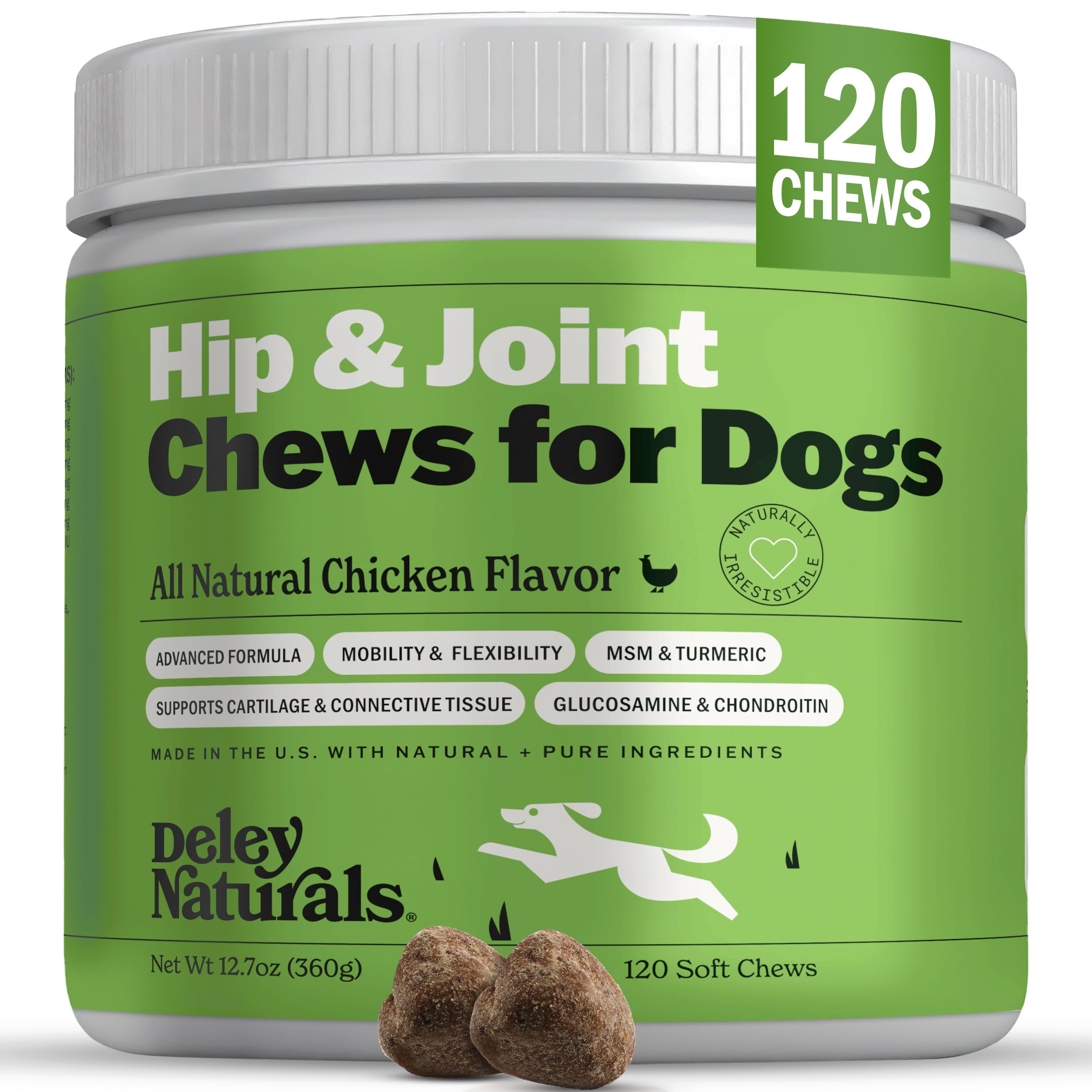 Deley Naturals, Advanced Arthritis Pain Relief for Dogs. Best Glucosamine for Dogs with Chondroitin, MSM & Organic Turmeric. 100% Natural Hip & Joint Supplement for Dogs. 120 Chicken Soft Chews