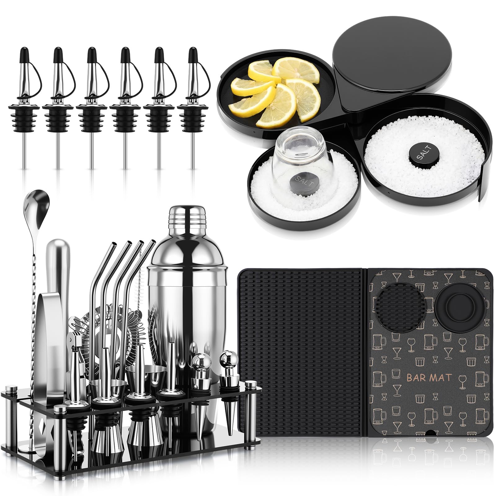 28 Pcs Cocktail Shaker Set and Bartender Kit with Stand, 18 x 12 Inch Folding Bar Mat wit…