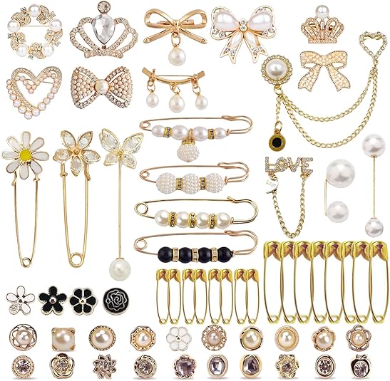 60 PCS Pearl Brooch, Junk Sock Charms, Socks Safety Pin Brooches, Women's Hat Dresses Brooches and Pins, Sweater Shawl Clip Neckline Safety Pin Decoration Accessories (Multicolor)