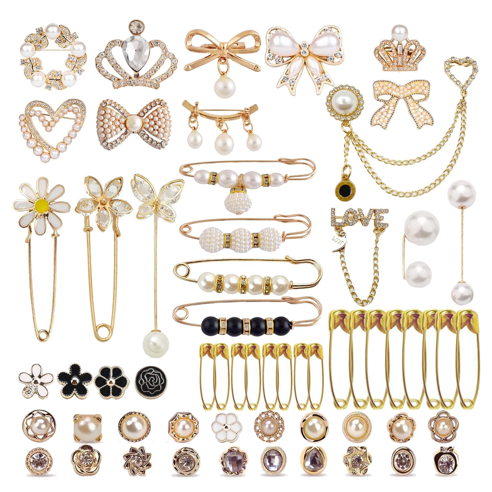 Photo 1 of 60 pieces of pearl brooches, shoe and waste sock decorations, sock safety pin brooches, women's hat and dress brooch brooches, sweater shawl clip collar safety pin decorative accessories(Multicolor) (Golden Bronzer)