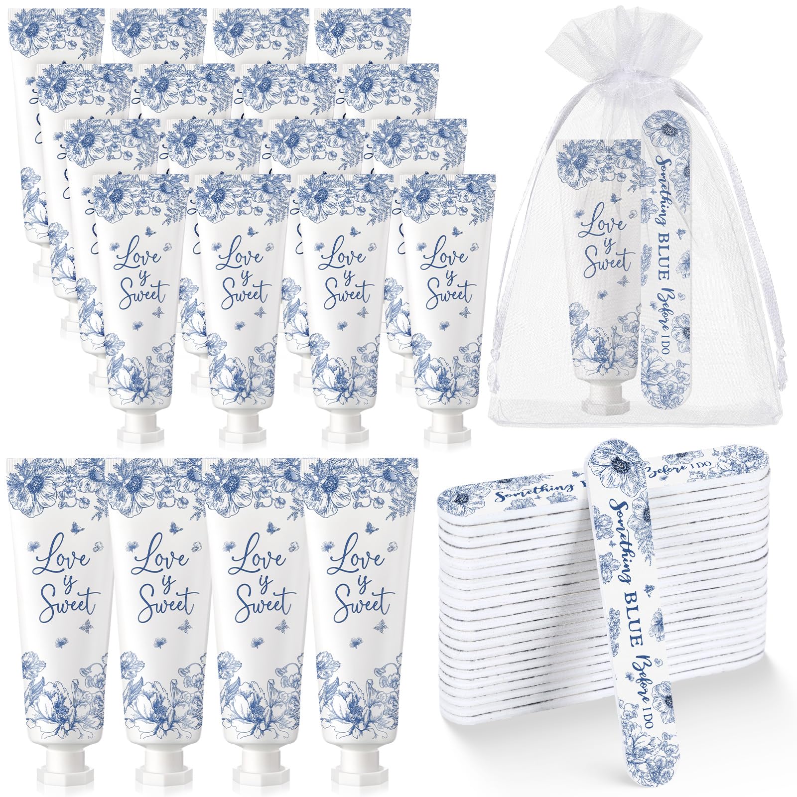 Landhoow 24 Sets Something Blue Before I Do, Brautparty, Handcreme, Nagelfeile, Geschenk, Großpackung, Blau, Blumenmuster, Hochzeitsgeschenke für Gäste, Reisegröße, Dankeschön, Geschenk, Brautparty