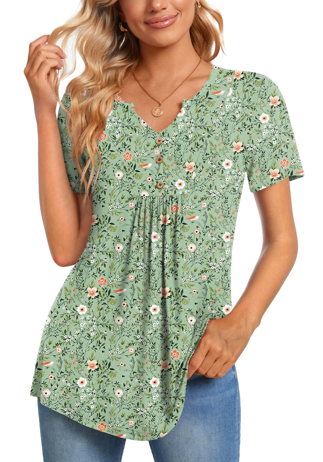 CATHY Womens Short Sleeve Tunic Tops Henley Shirt V Neck Button Up Blouse Casual Pleated Basic Pullover