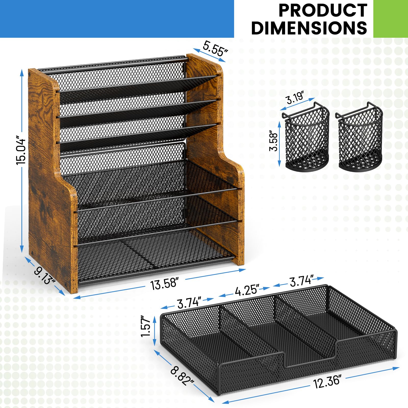 DAOUTIME Schreibtisch-Organizer mit 6 Ebenen, Netzstoff, Schreibtisch-Organizer aus Holz mit Stifthaltern, Schreibtisch-Organizer und Zubehör mit Schublade für Home Office