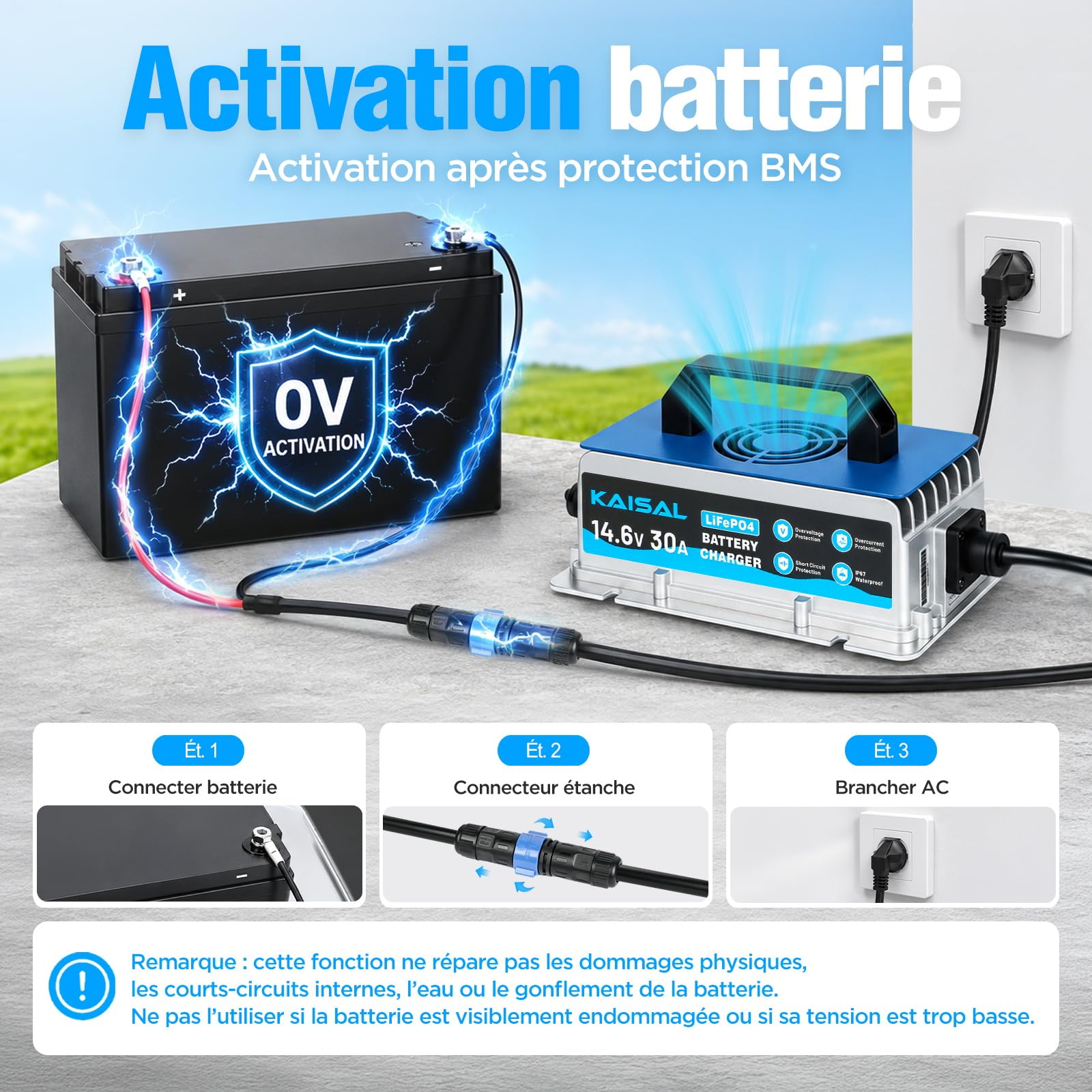 KAISAL 12V 30A Chargeur de Batterie Lithium, 14.6V Chargeur LiFePO4
