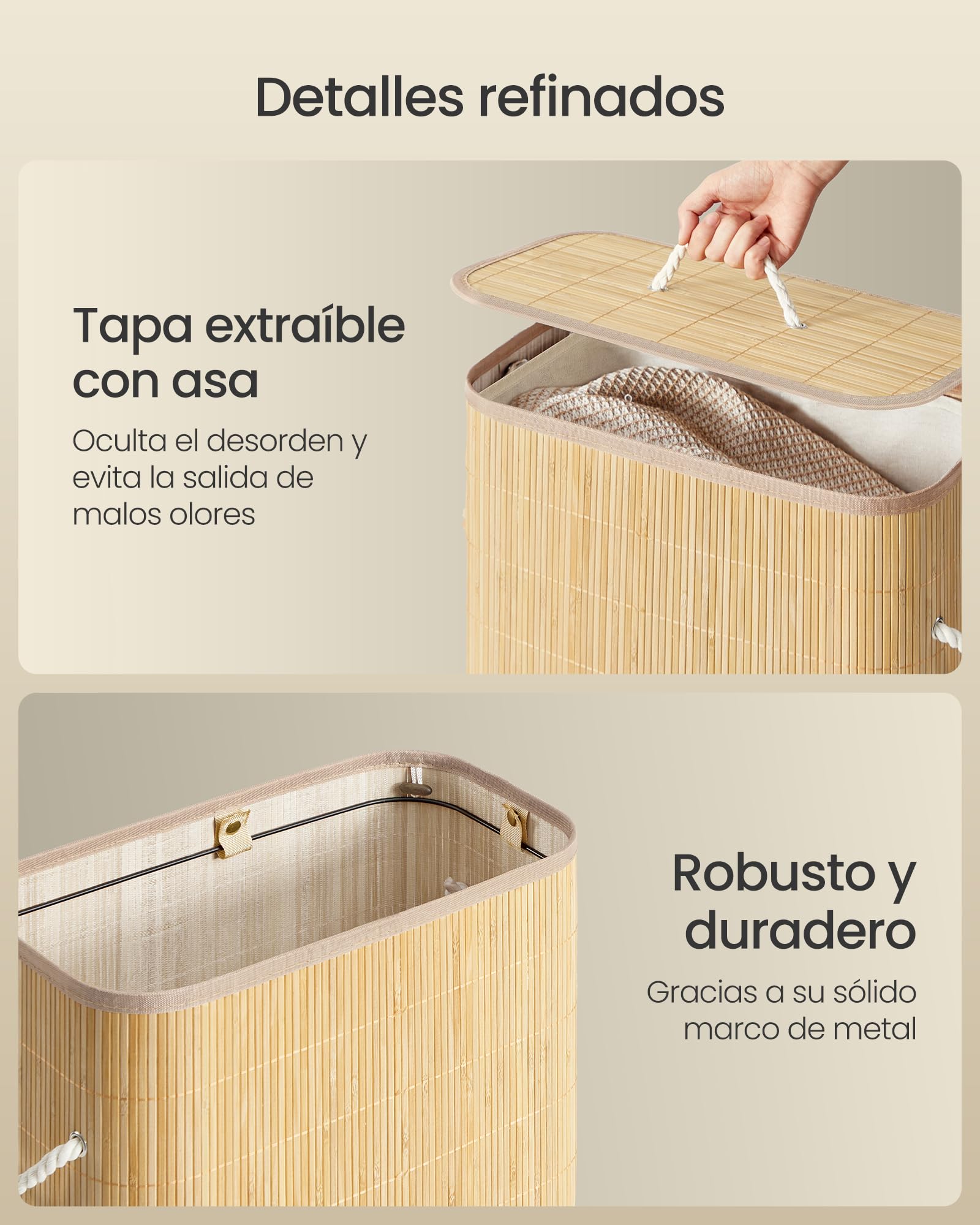 SONGMICS Cesto para la Ropa Sucia con Tapa, 60 L, Bambú, Rectangular, con Asas, Plegable, Forro Extraíble Lavable a Máquina, Natural LCB076YZ01