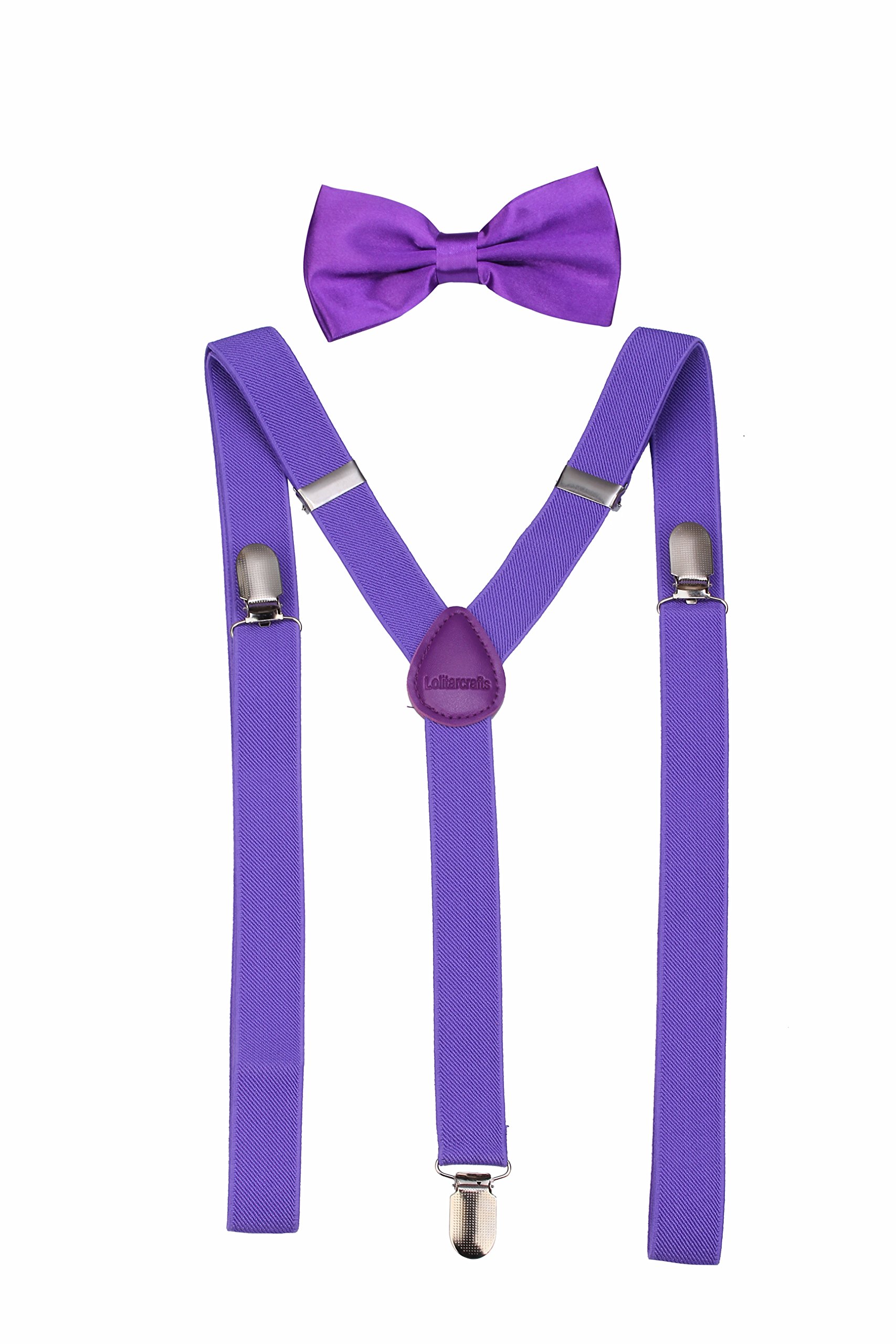 Men's Classic Solid Suspenders Matching Bow Tie Set Braces (Purple)
