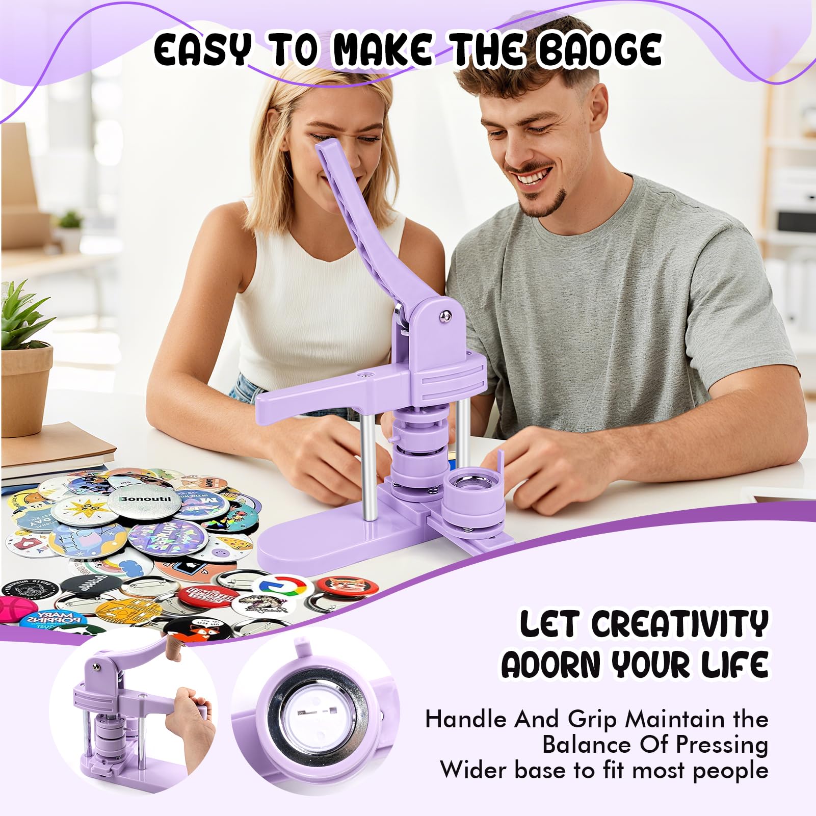 Máquina para hacer botones, 25 mm/32 mm/58 mm, kit de prensa de insignias personalizado con 300 piezas de botón para regalos, color morado
