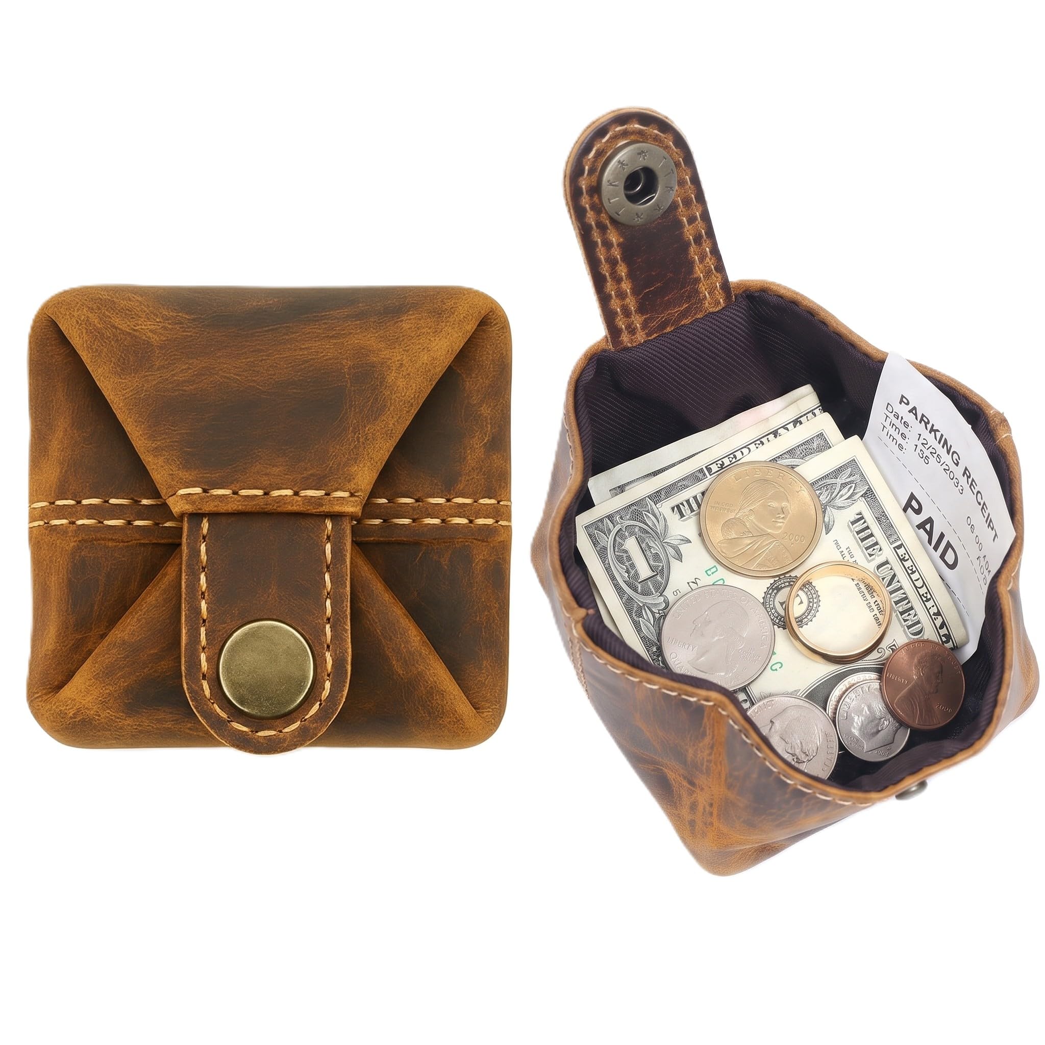 Leather Coin Pouch - Compact Change Holder and Mini Pocket Wallet for Men &amp; Women (Antique Brown)