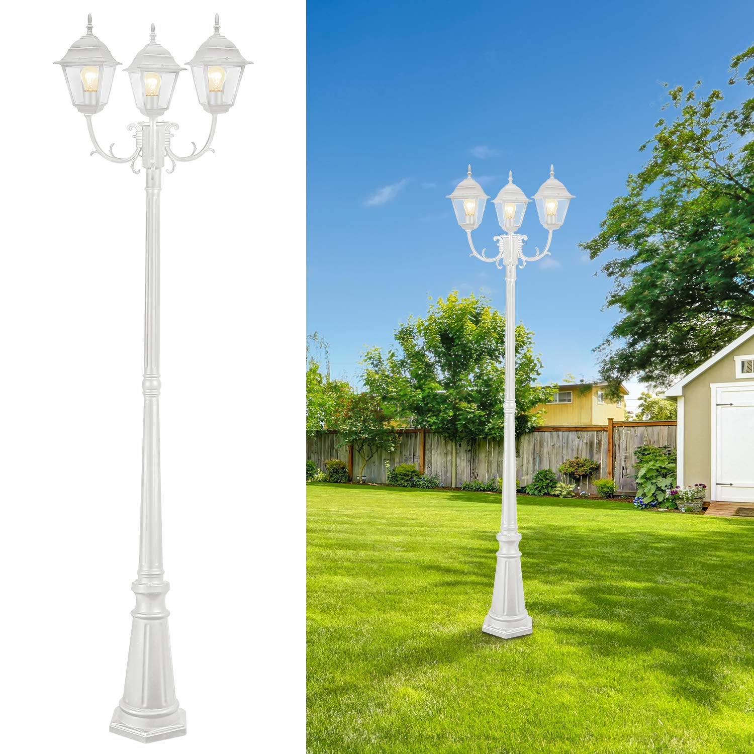CINOTON Outdoor Lamp Post Light Waterproof Outdoor Street Light with Triple-Head, Classic White Light Pole with Clear Glass Panels, Maximum 60W Bulbs, for Backyard, Patio, Garden