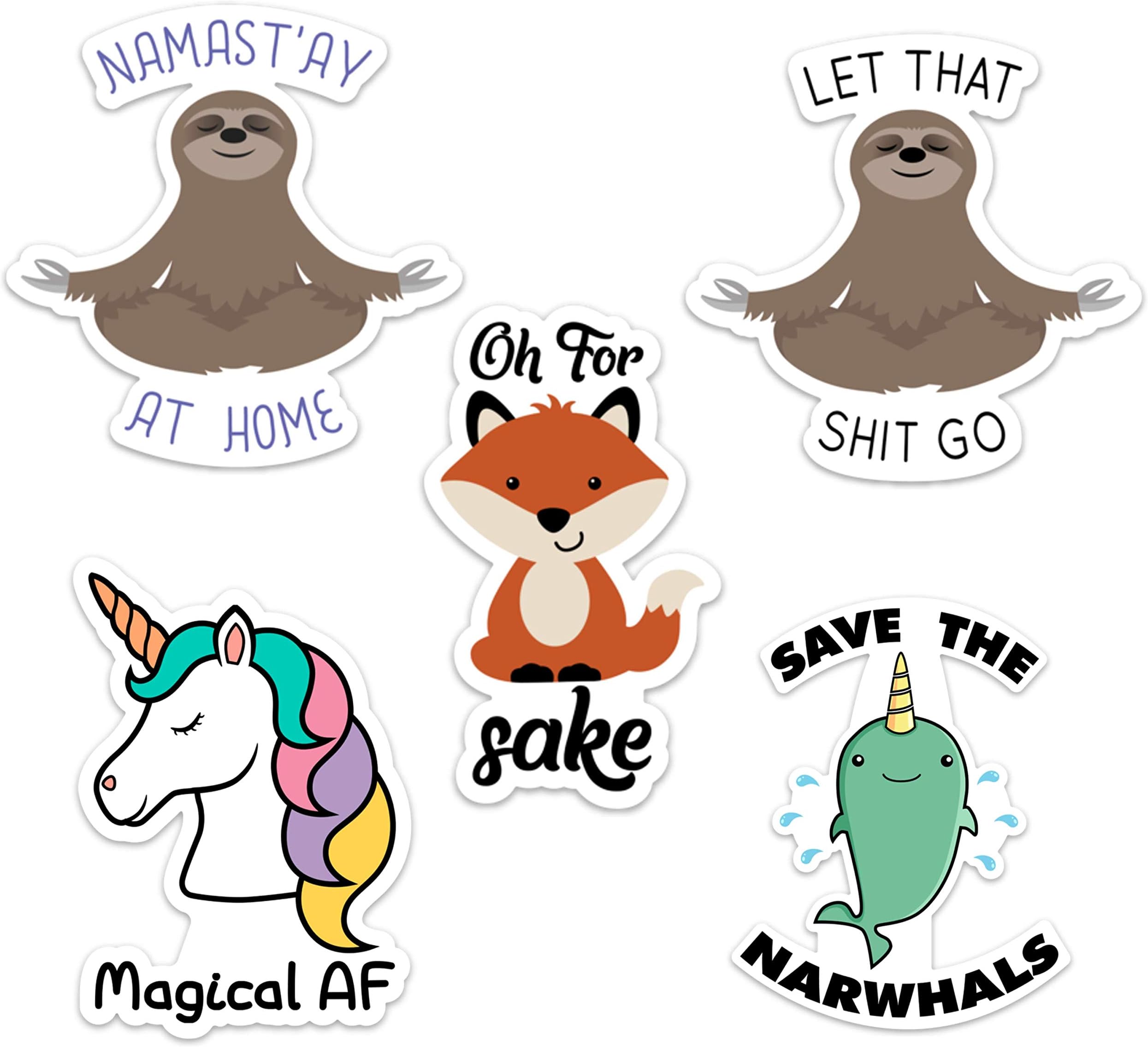 Stickeroonie Best Sellers Sticker Decals 5 Pack- Let That Shit Go Sloth- Magical AF- Fox Sake- for laptops, Water Bottles 4" x 4"