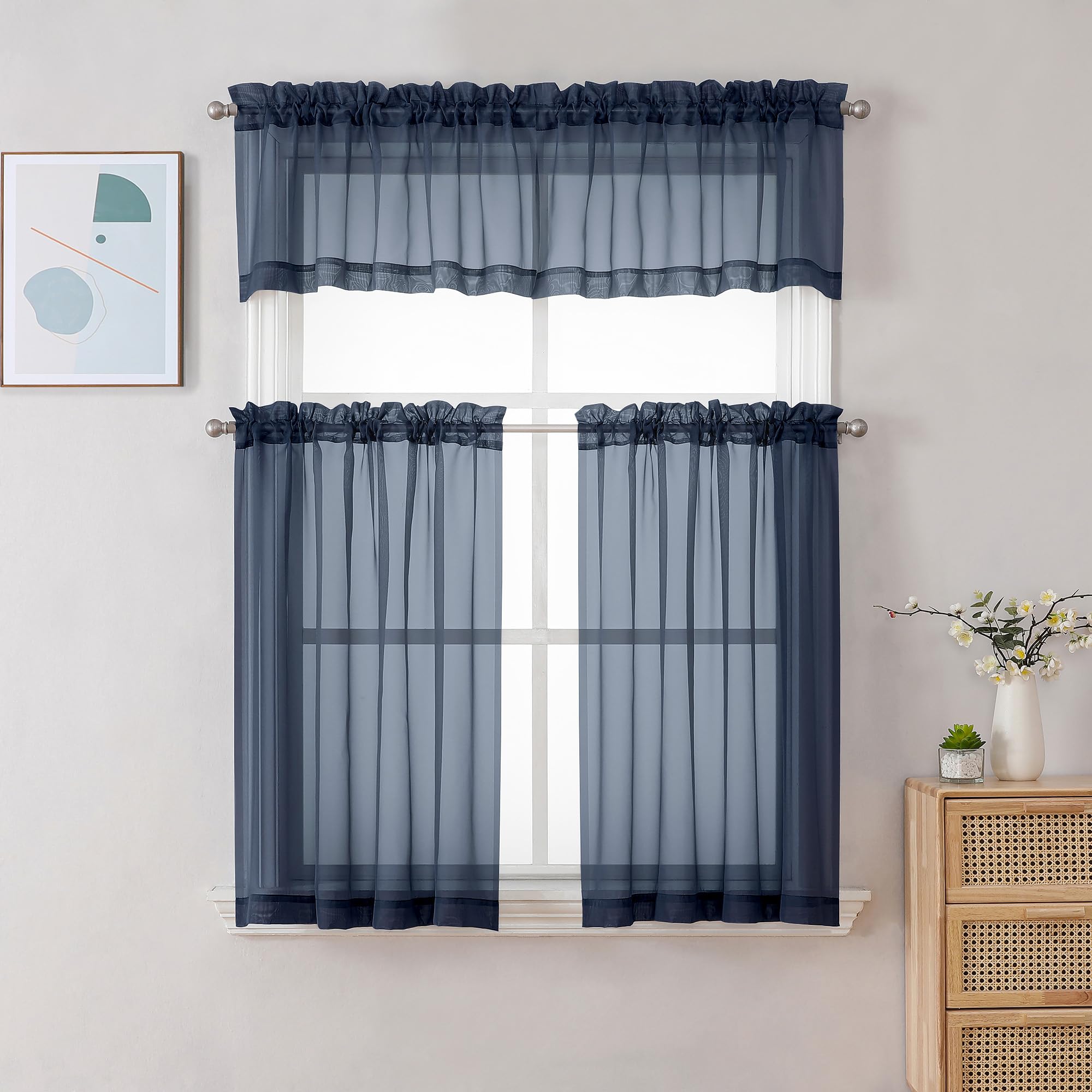 Leeva Mantovana per finestre, sala da pranzo, bagno, tasca per asta, acquerello, floreale e rami, elegante mantovana per camera degli ospiti, un pannello, 52 x 18, blu