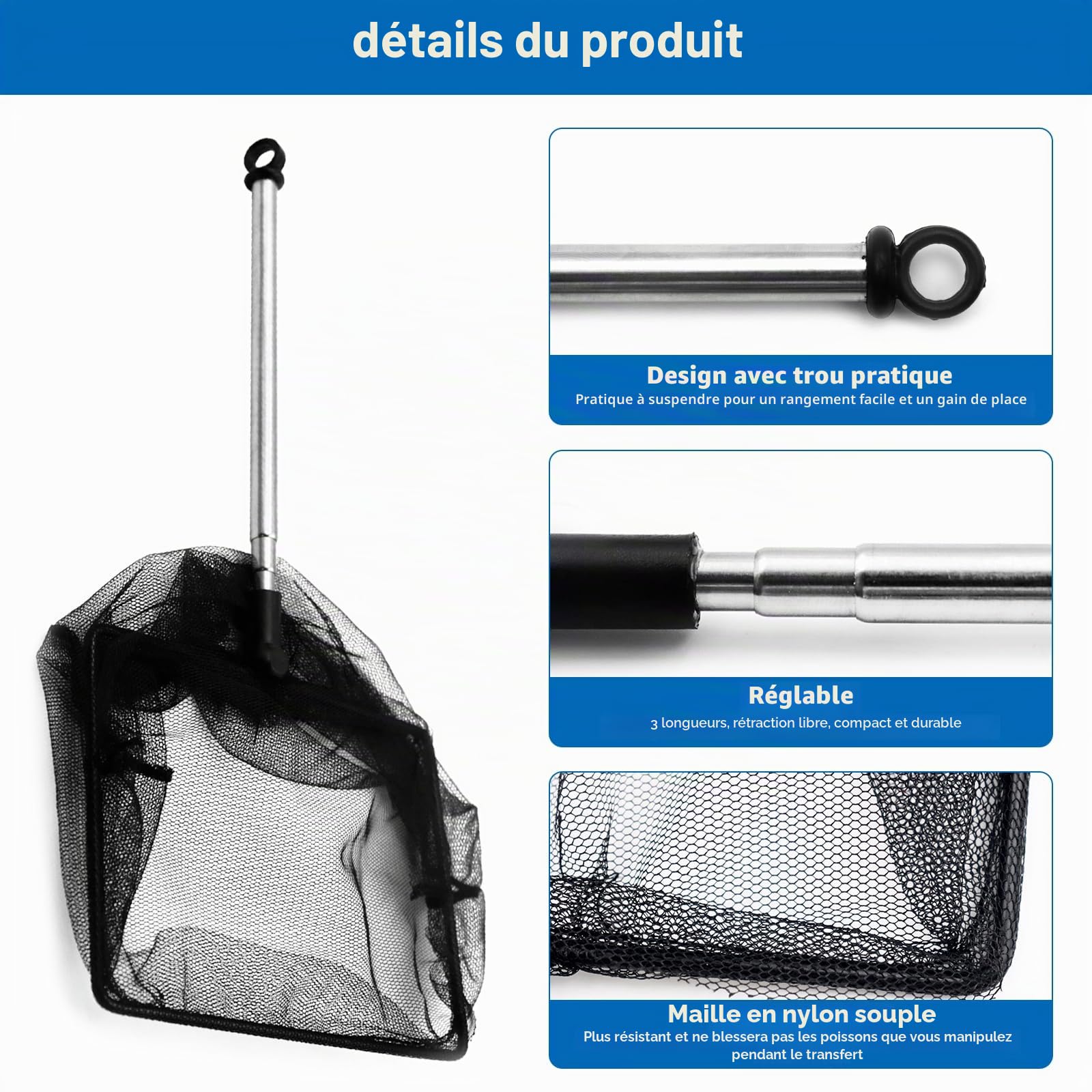 Épuisette Télescopique 26-45 CM Epuisette Aquarium Mini Réglable Poissons Télescopiques Net Petite Epuisette Aquarium pour Fish Tank Aquarium,Petits Etangs et Piscines Koi(Noir)