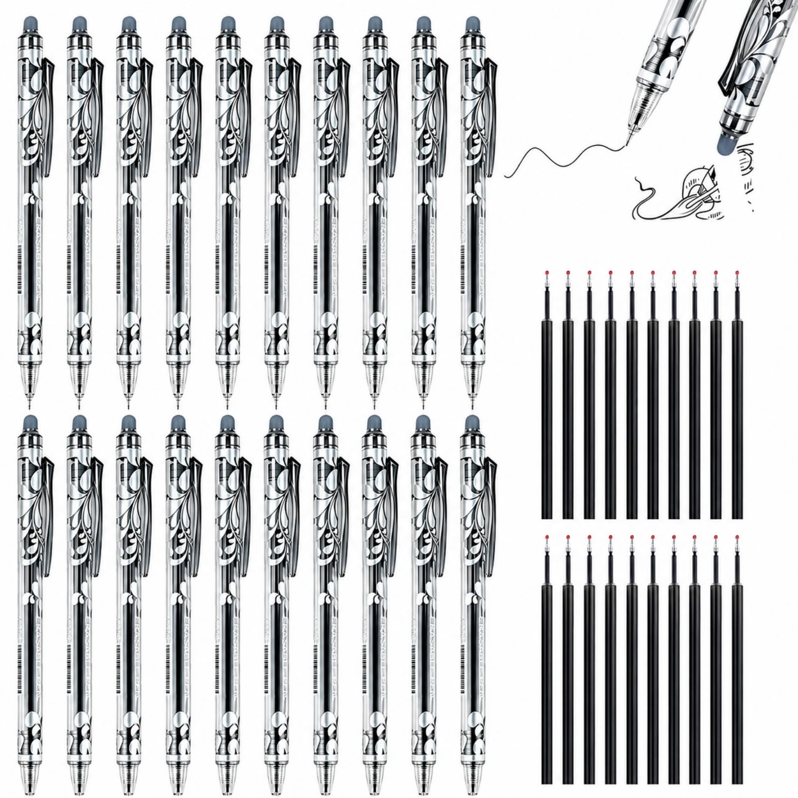 SIMDAO 20PCS Black Erasable Pens and 20PCS Pen Refills, 0.5mm Rub out Pen, Retractable Pen, Smooth Fine Point Gel Ink, Erasable Gel Pens for Writing,School,Editing,Drawing(Black)