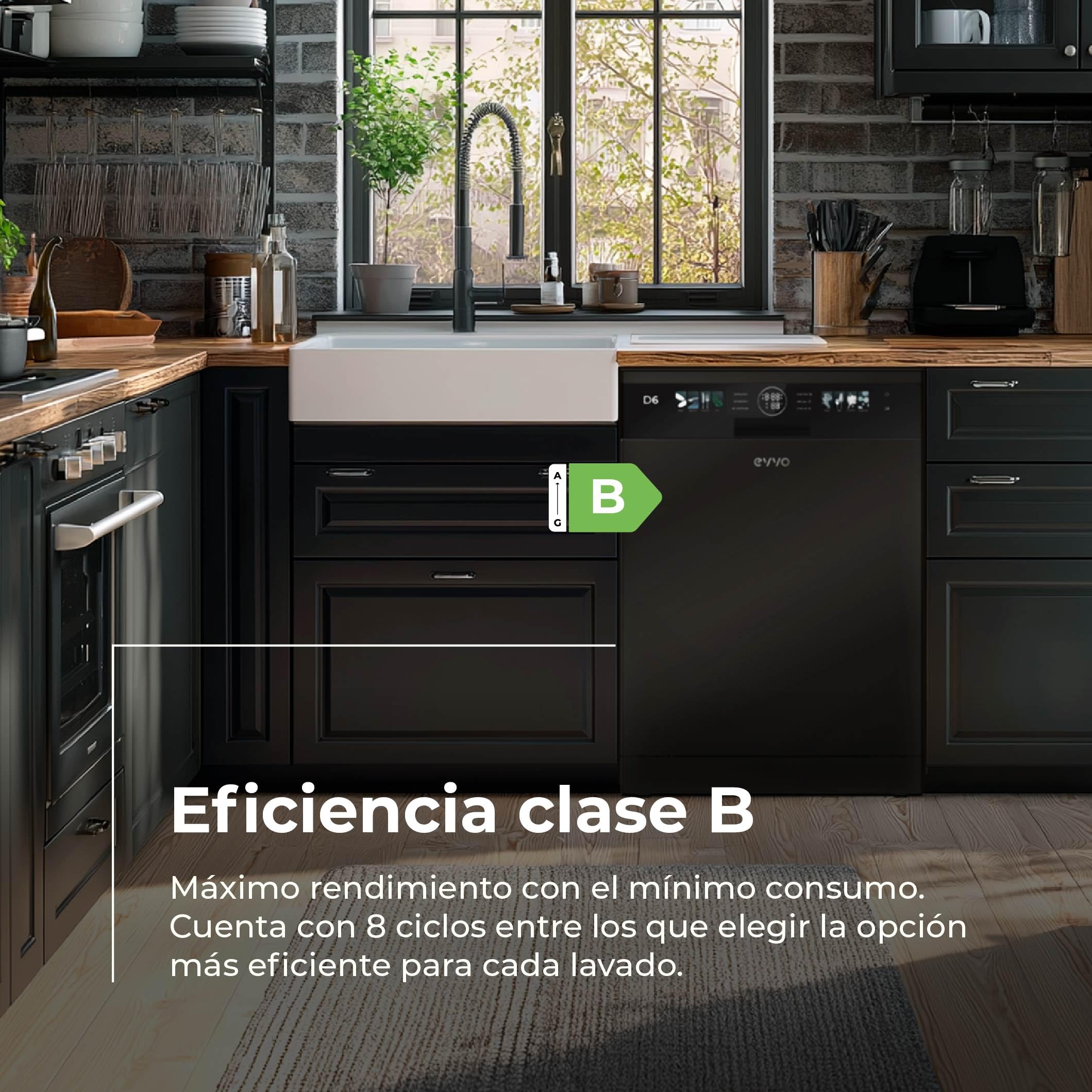 Lavavajillas D6 Libre Instalación 60 cm - Clase B Alta Eficiencia, 15 Cubiertos, 8 Programas, Apertura Automática, Luz UV e Inicio Diferido - Lavavajillas Acero Inoxidable Inox - Secado Turbo (Negro)