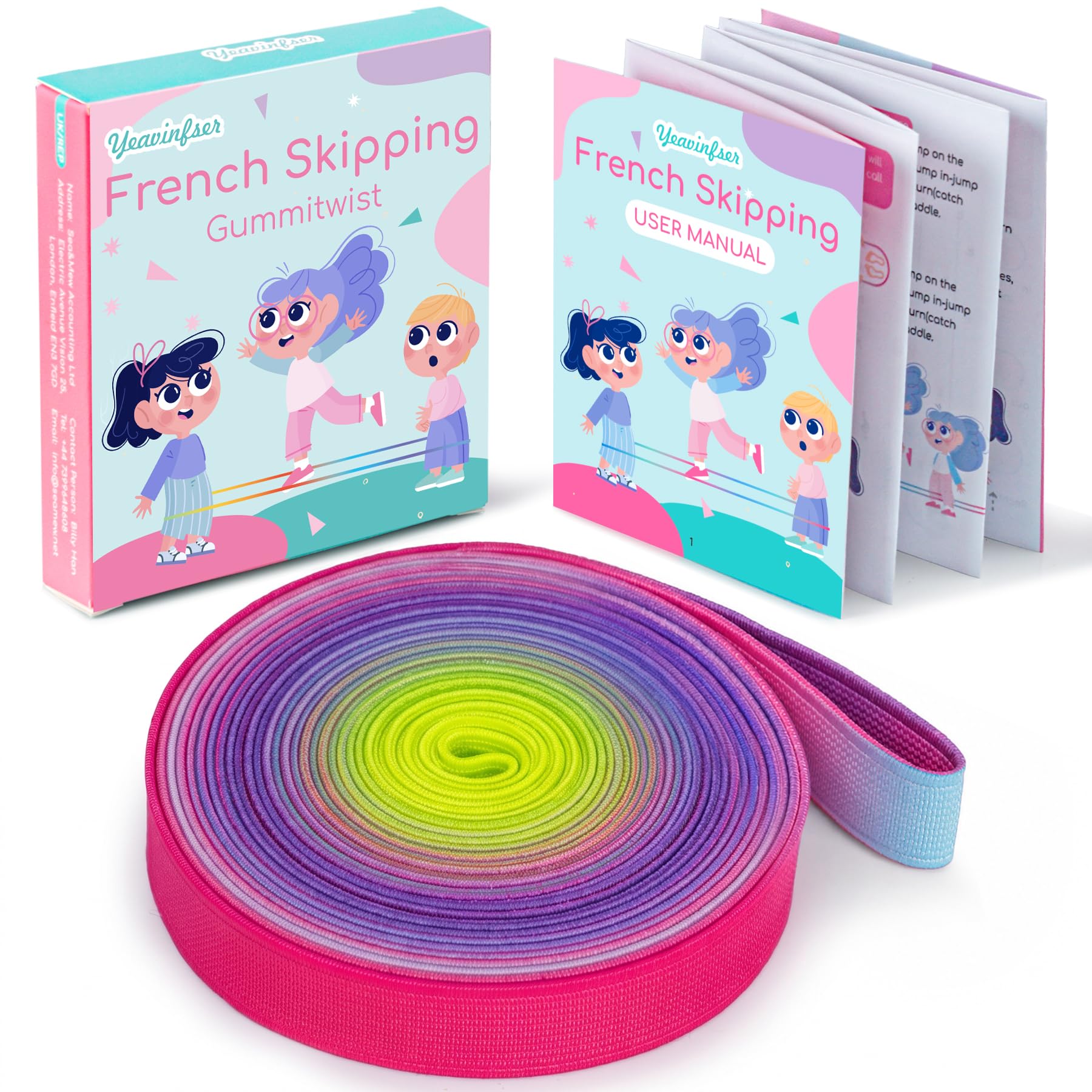 Yeavinfser French Skipping - 4m Rainbow Elastic Rope with Instructions