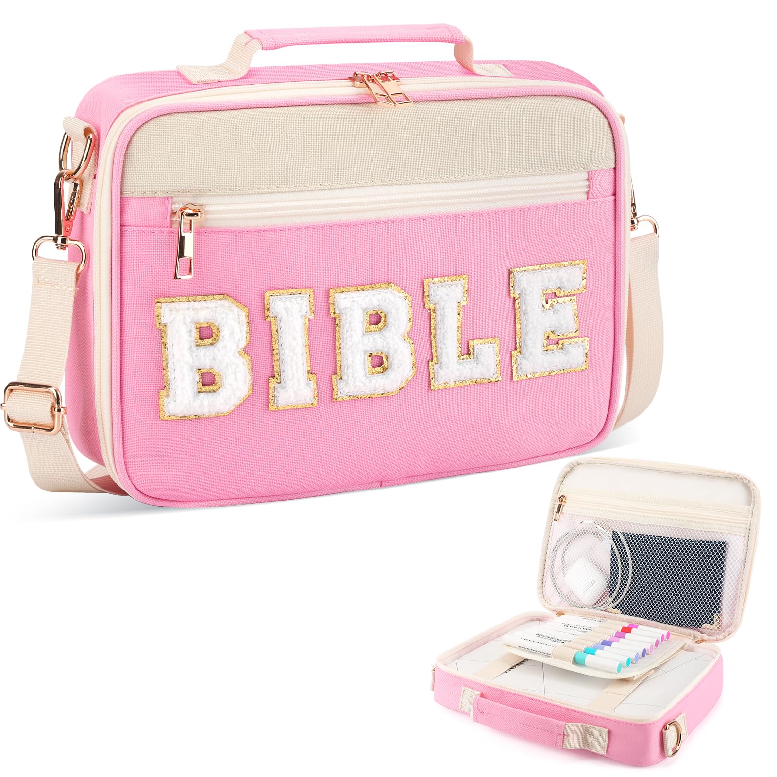 Bible Cover Case for Women Grils, Preppy Bible Bag with Adjustable Shoulder Strap, Waterproof Bible Carrying Tote Bags Holder for Bible Study Supplies Accessories & Christian Gifts (Pink)