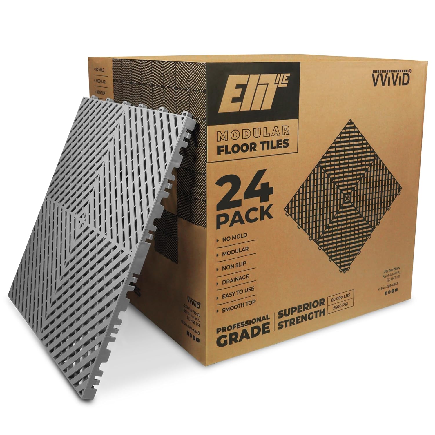VViViD Elite Garage Modular Floor Tiles - Professional Grade, Thick, Non-Slip, Ultra Strong (60,000 lbs, 2500 PSI), Easy to Use (Grey, 15.75" x 15.75", 0.70”) 24 Pieces