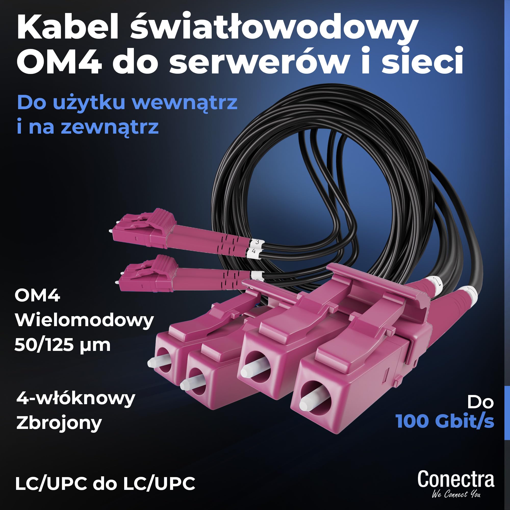 50m Pancerny Kabel Światłowodowy OM4 4 Włókna LC/UPC ⌀4mm | Wielomodowy 50/125µm, Patchcord Przedłużacz Patch, Breakout bez Spawów, Wewnętrzny/Zewnętrzny, Czarny, LSZH