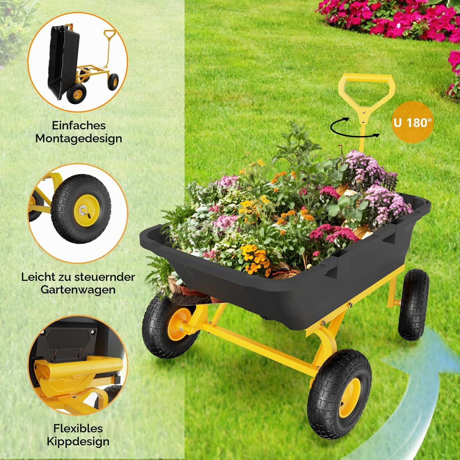 Bonnlo Schubkarre 4 Räder mit Kippfunktion,Schwerlast-Kippwagen, 363 kg Tragfähigkeit, Schnellverschluss-Kippwagen, Gartenwagen für Garten, Hof und Strand,105 * 66 * 82CM,Gelb und Schwarz