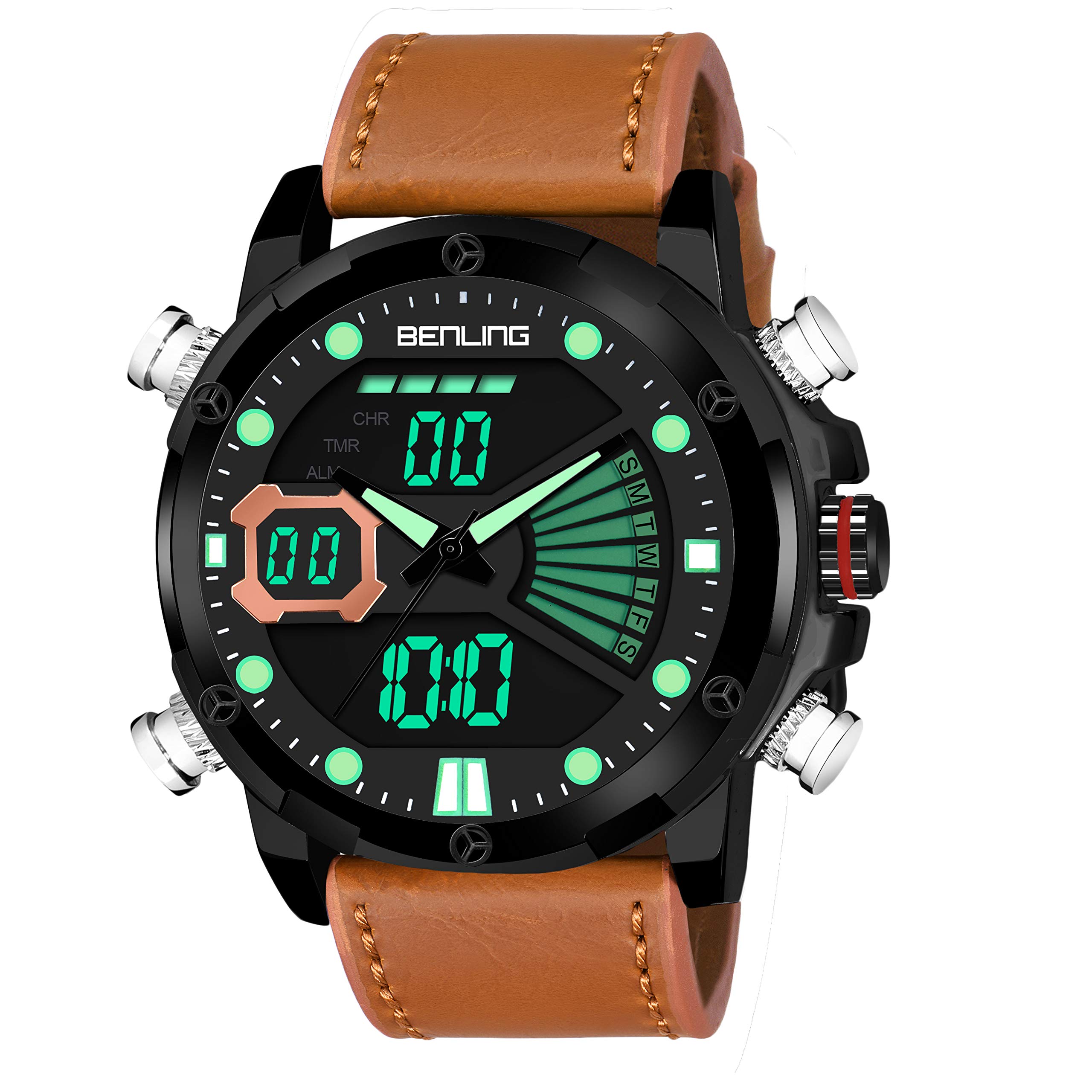 Benling 1020 Sports Casual Analog Digital Watch for Boys Mens, Leatherette Strap, Multi-Functional, Waterproof, Shock-Resistant, Back Light Display (Tan/Black) (B08T774C42) Amazon Price History, Amazon Price Tracker
