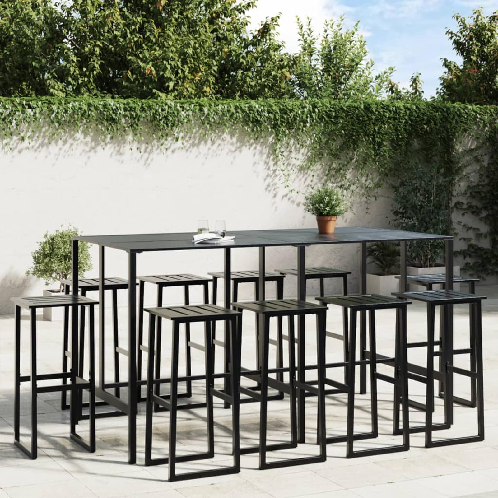 Homgoday Juego de Mesa Alta y taburetes de jardín 11 Piezas Acero Negro, Set de Mesa Alta y Taburetes Desayuno Muebles Bar Comedor Cocina Mobiliario Hogar Patio Restaurante