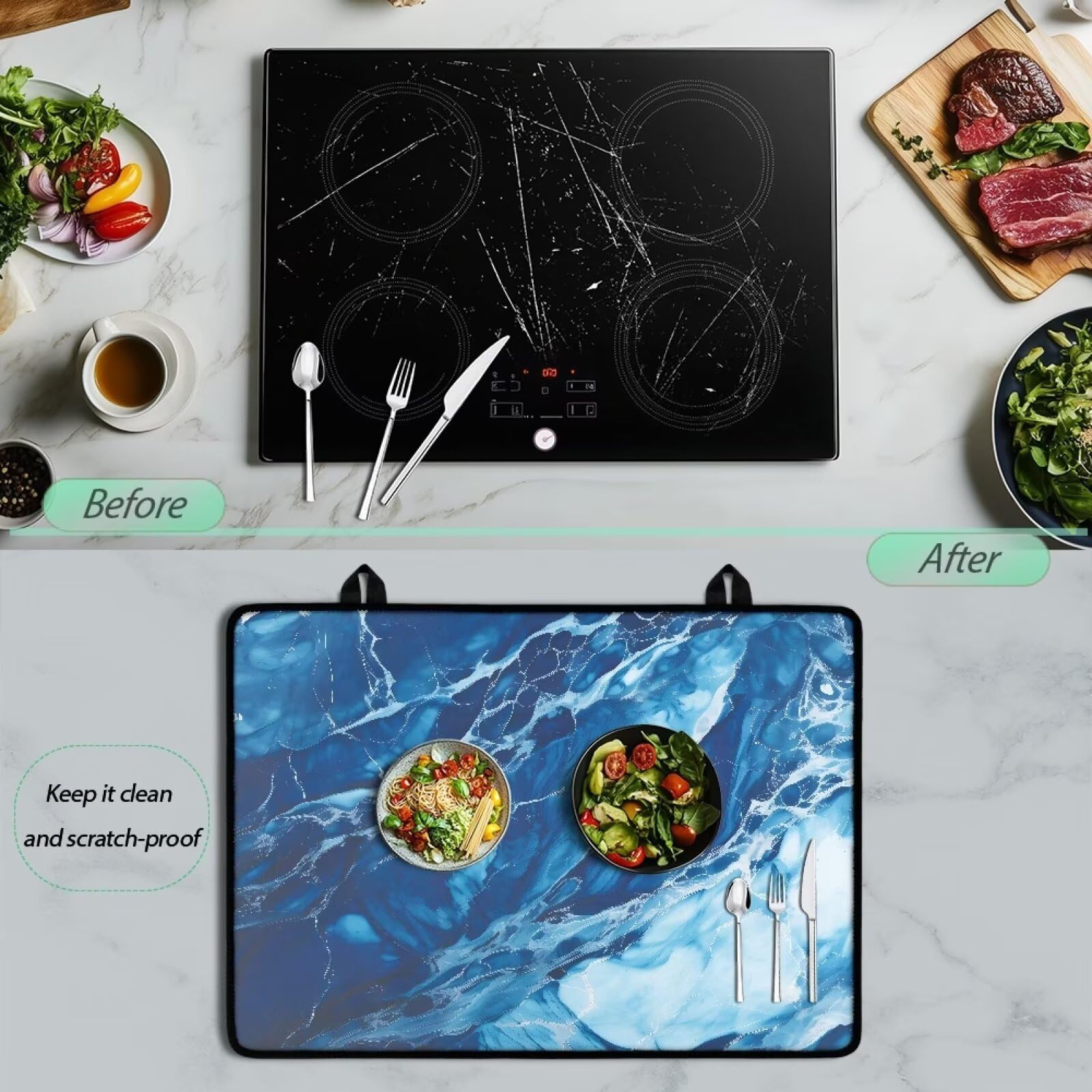 Poceacles Copertura superiore in vetro per fornello elettrico, protezione per piano cottura pieghevole, multiuso, tappetino per lavatrice, asciugatrice, accessorio decorativo per cucina, marmo blu