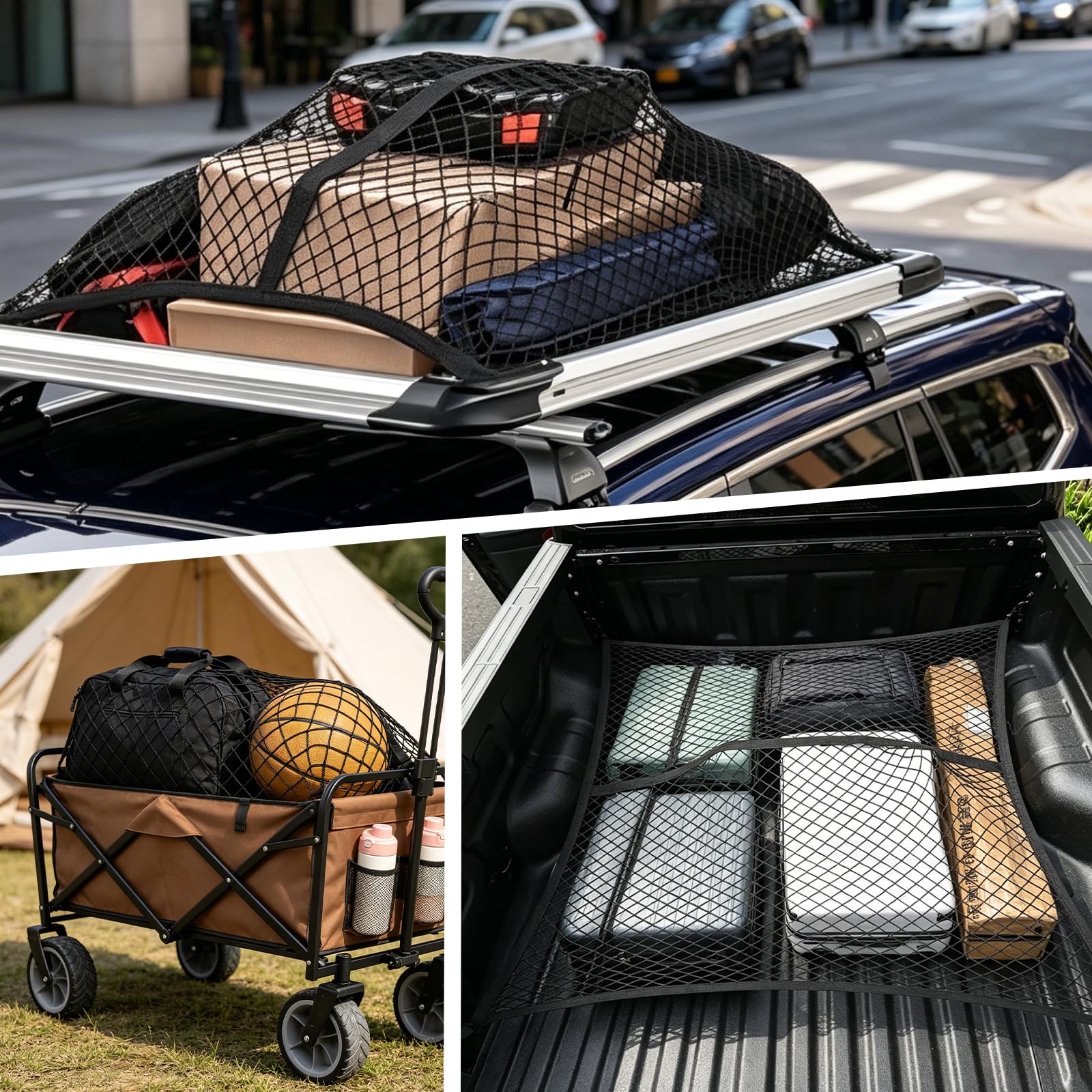 efuturetime Gepäcknetz Hochelastisches Frachtnetz Einlagig, 120 x 120 cm dehnbar bis 210 x 210 cm, Ladungssicherungsnetz mit 8 Metallhaken für LKW, Auto, Wohnmobil