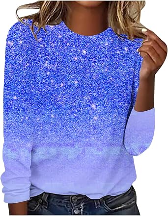 Long Sleeve Womens t Shirts Spring Fashion Crew Neck Shinny Sequin Pullover Tops Plus Size Loose Fit Glitter Shirts
