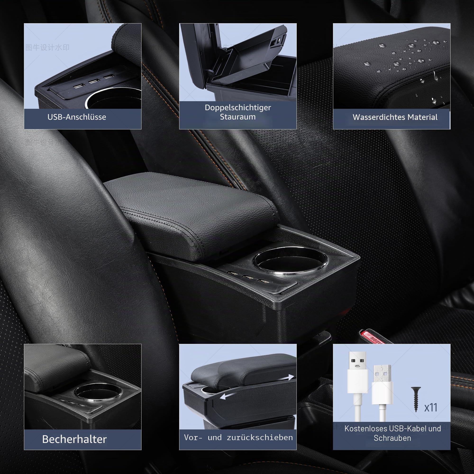 Auto Armlehnen für Opel Astra H Mittelarmlehne | Zweistufiger Stauraum, Mit Getränkehalter, 2 USB-Anschlüsse, Einfache Montage, PU-Leder, Schwarze Nähte