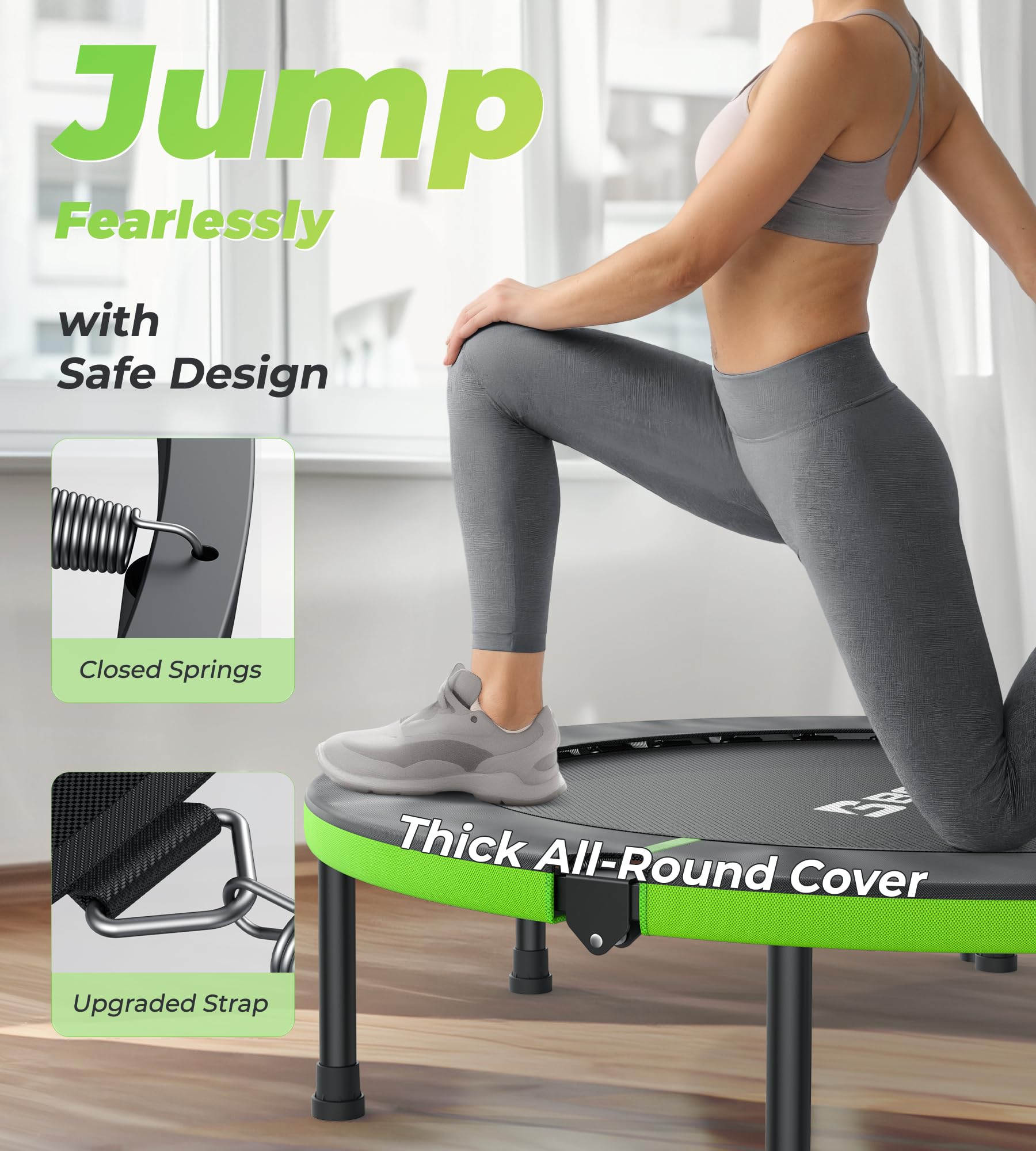 Trampolina wewnętrzna BCAN, mini trampolina fitness o długości 102 cm, składana, dla dorosłych z regulowanym uchwytem, maksymalne obciążenie 150 kg, idealna do ćwiczeń w domu i treningów