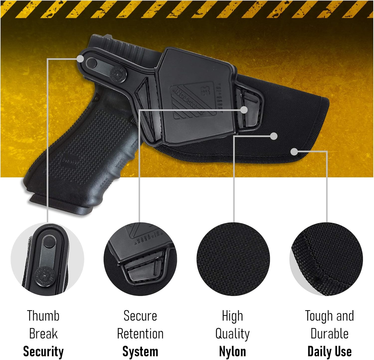 Concealed Carry OWB Nylon Holster with Thumb Break - Outside The Waistband - Fits: Glock 19 / 19X / 17/22 / 23/31 / 32 - Marshall Line (Left)