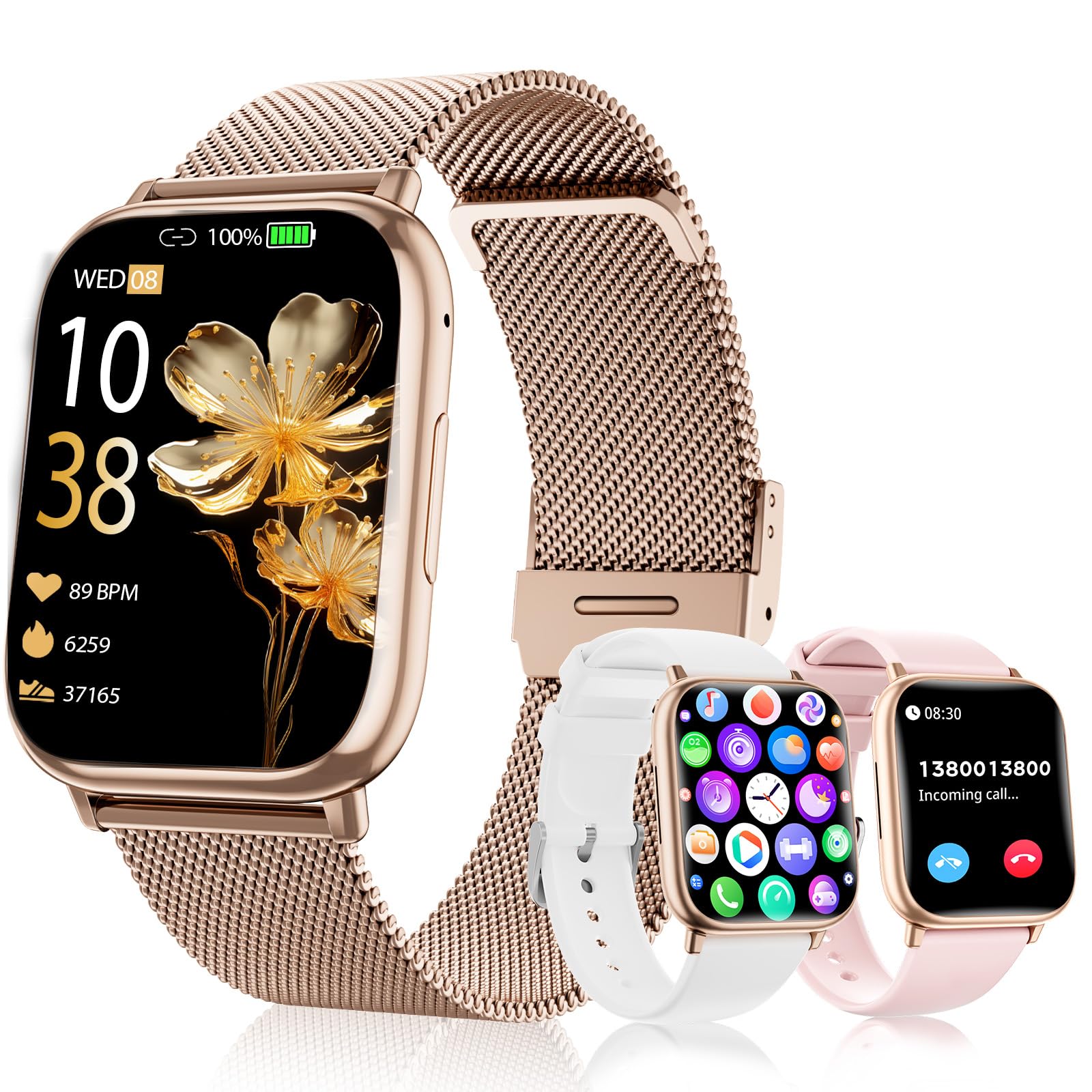 Reloj Inteligente Mujer 1.83" HD Pantalla Táctil Smartwatch con Llamadas Bluetooth Fitness Tracker 120+ Modos Deportivos Pulsometro SpO2 Presión Arterial IP68 Monitor de Sueño Android iOS (Oro rosa)