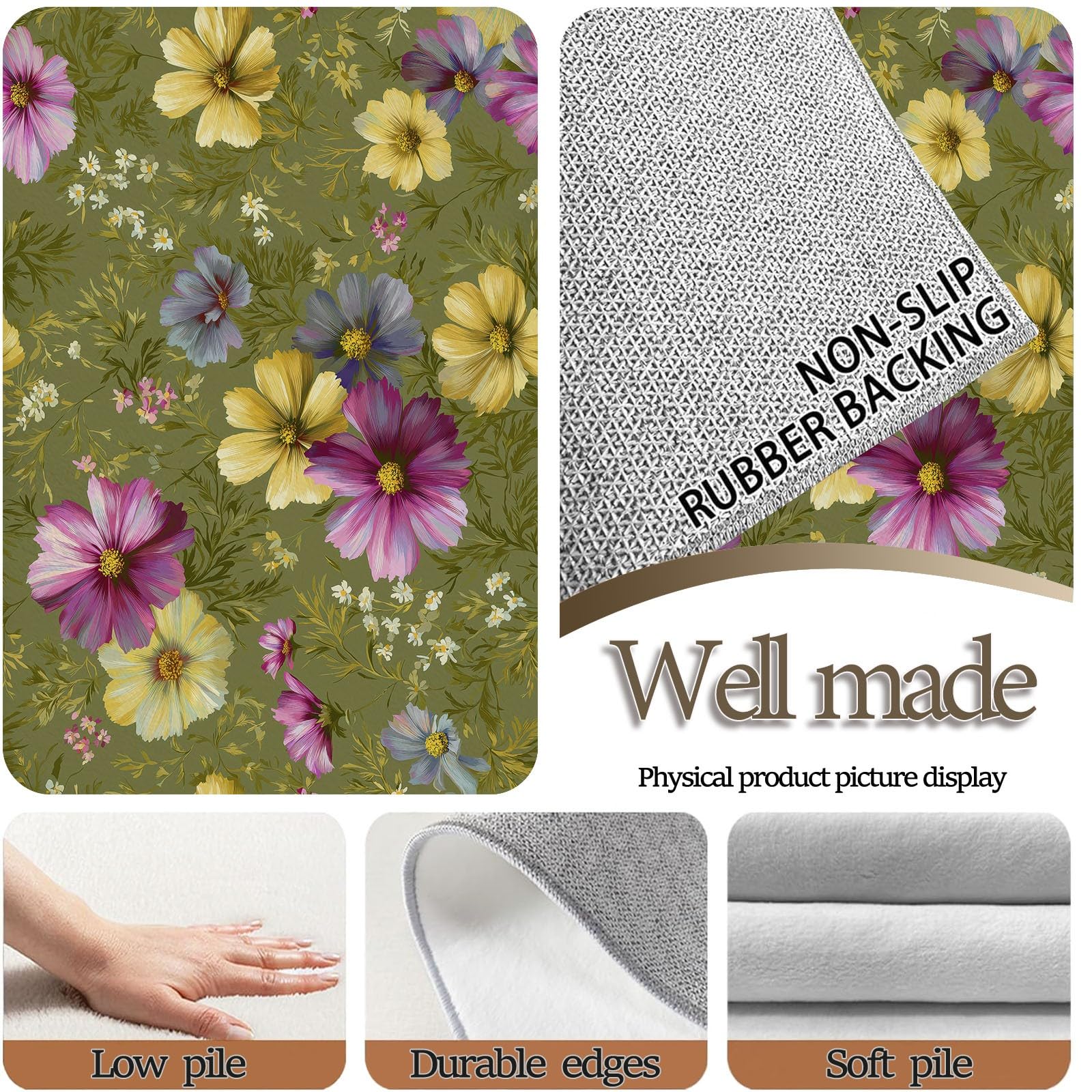 Alfombra de área de 180 x 240 cm, diseño de margaritas Cosmos con flores silvestres, lavable, antideslizante, alfombra antideslizante para dormitorio, sala de estar, alfombra de suelo de pelo corto