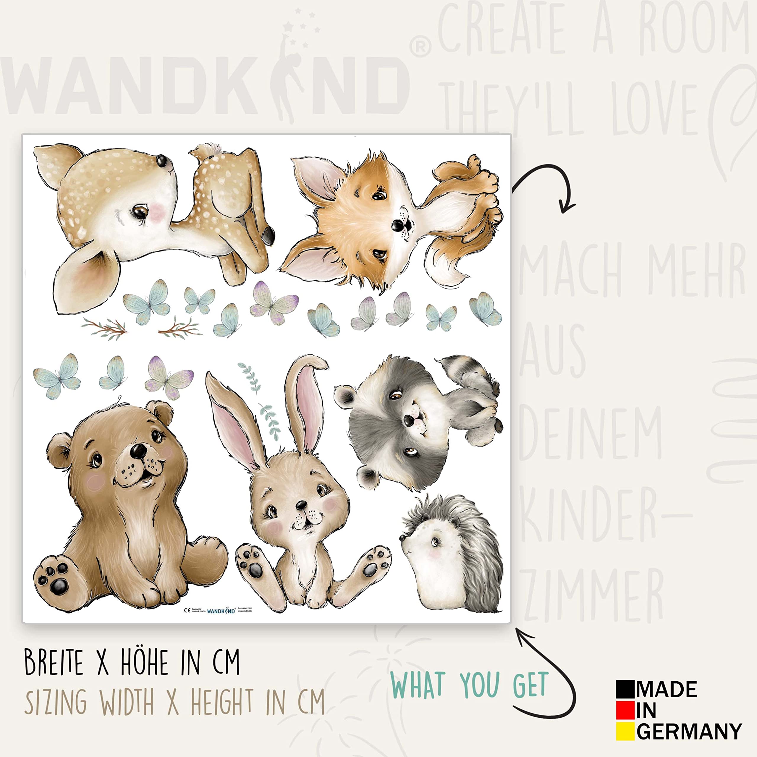 WANDKIND Waldtiere Wandtattoo Kinderzimmer V372 | handgezeichnet | AUFKLEBER Kindergarten | Babyzimmer Wandsticker Dschungel mit Bär Igel Reh Waschbär Fuchs Hase (100 x 100 cm)