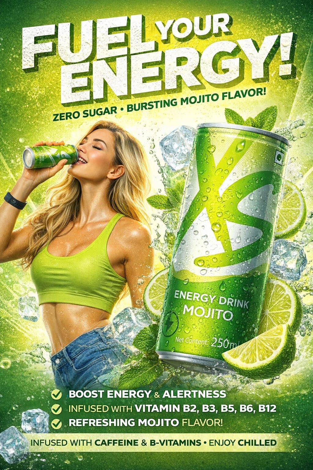 XS Energy Drink Mojito Flavor, Pack of 6 Cans, 250ml Each