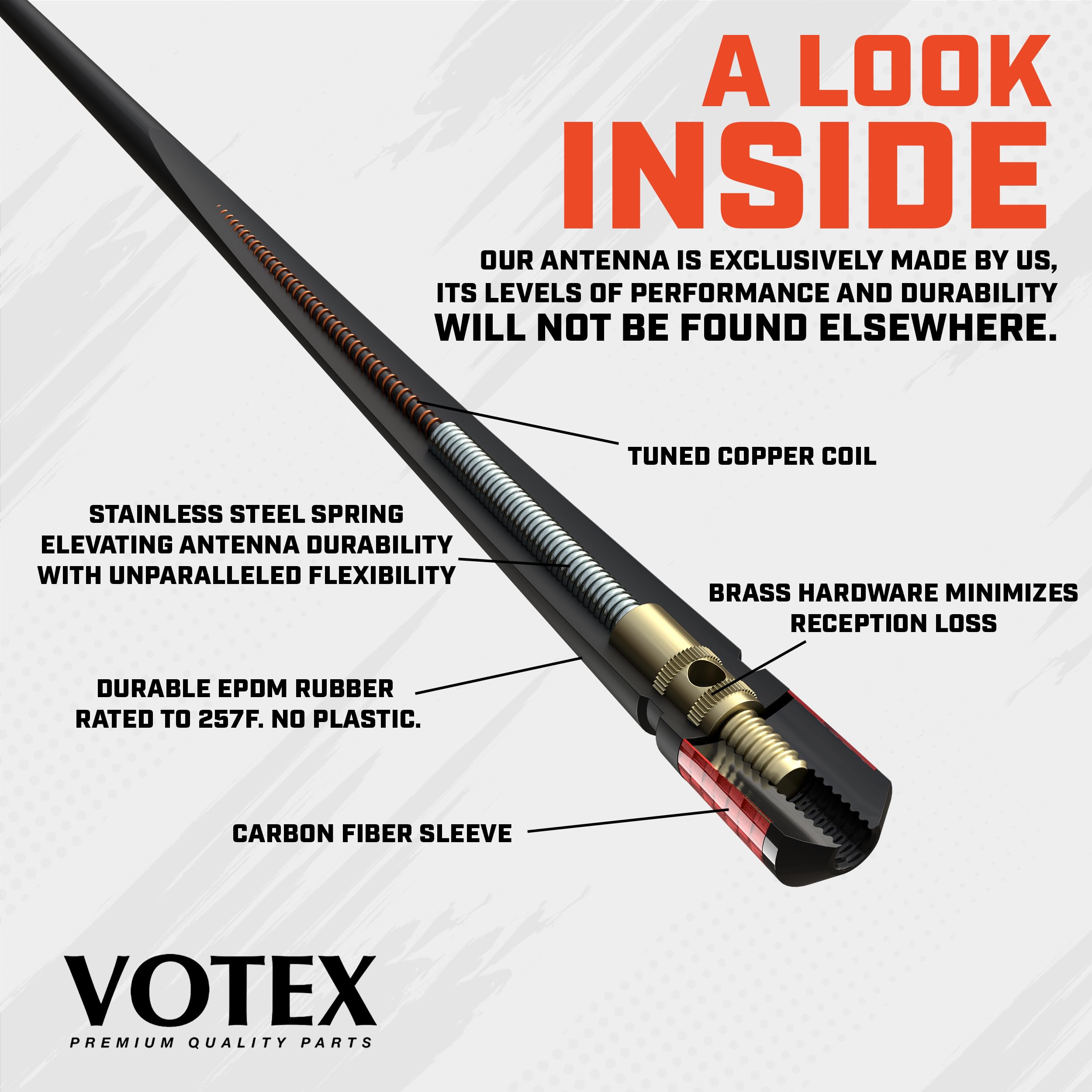 Votex - The Spartan - 13 3/4 Inch Short Flexible Rubber Antenna fits Chevrolet Silverado 1500, 2500, 3500 | GMC Sierra 1500,2500,3500 - Red Carbon Fiber Trim - Tuned Internal Copper Coil