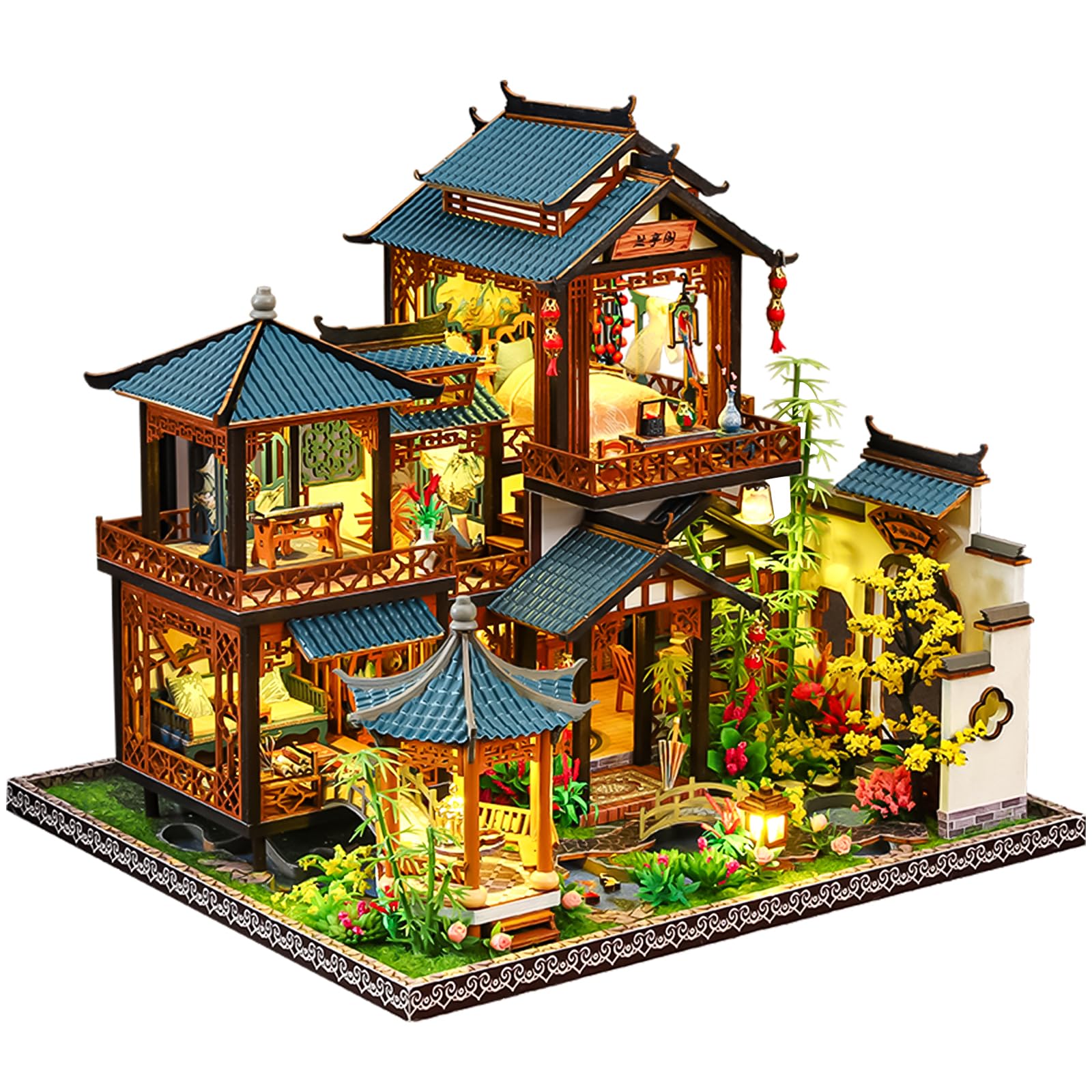 Spilay Miniatur Haus, Chinesisches Gartenhaus Puppenhaus Holz | DIY Miniature House mit LED-Licht, Staubschutz und Musikbox, 3D Puzzle Erwachsene, Miniatur Bausatz, Regal Deko Geschenk