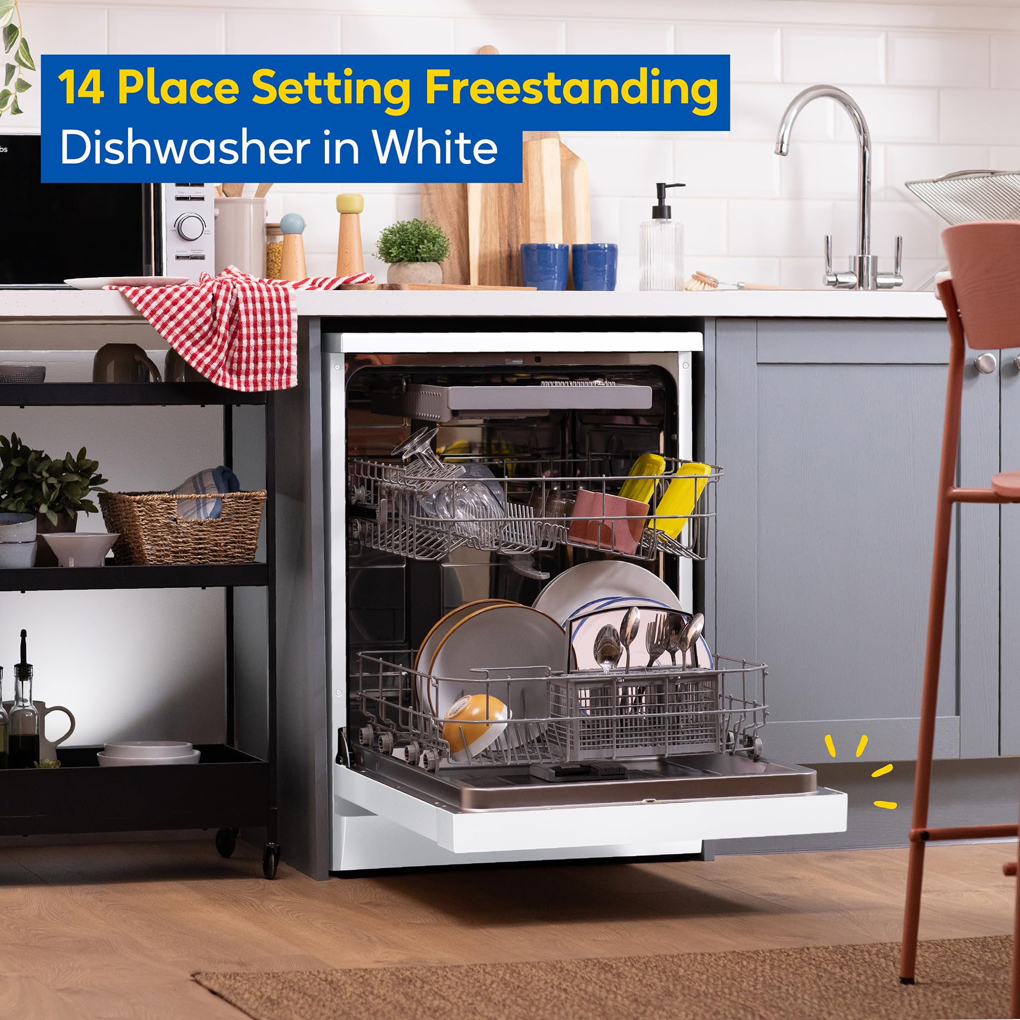 Russell Hobbs Freestanding Dishwasher, Class D, 14 Place Settings, 6 Wash Programs, 24-Hour Delay Start, Auto Door Open, 1 x Height Adjustable Basket and Mini Cutlery Tray in White, RH60DW00D2W — view 3