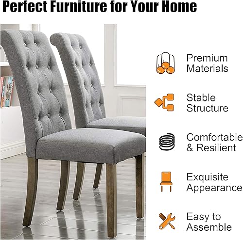 Miniatura 4 de Juego de 2 elegantes sillas de comedor de madera maciza con botón de respaldo alto, tapizadas sin brazos, patas de madera maciza, taburetes