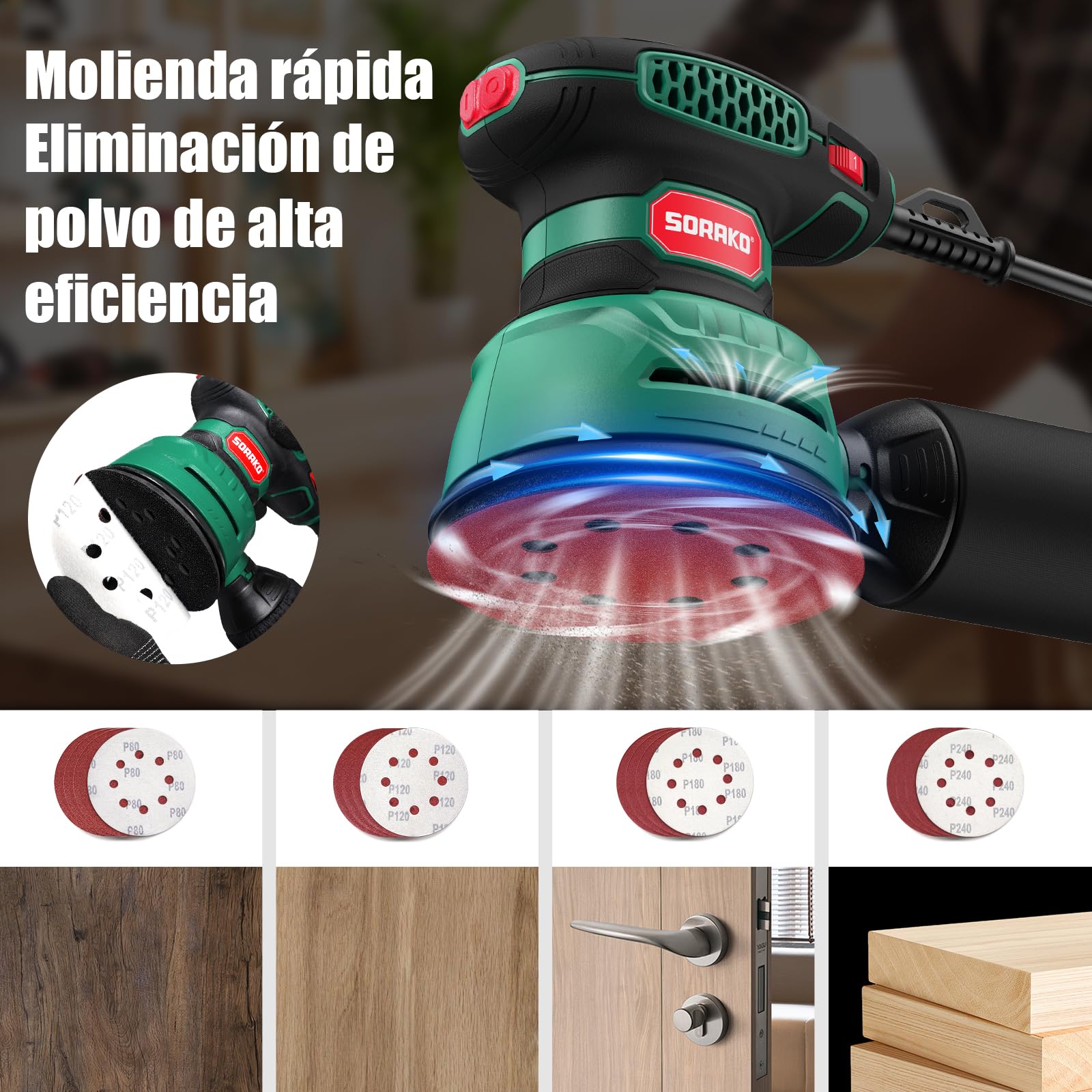 SORAKO Levigatrice orbitale 350W, 125 mm, 6 velocità, 16 fogli abrasivi, raccolta polvere, funzione frenante rapido, per progetti hobby in legno