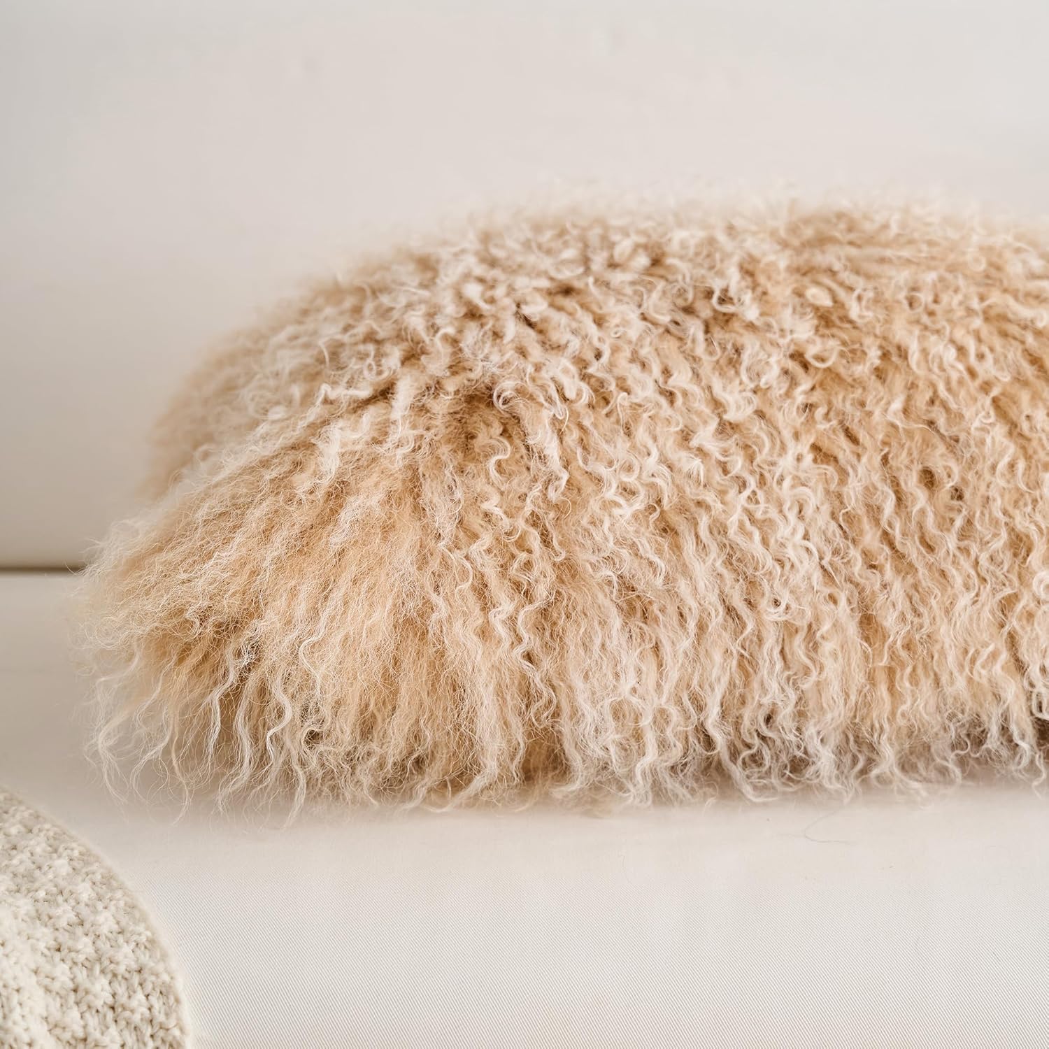 Genuine Mongolian Lamb Fur Pillow Cover – 12"x20" Rectangular Cushion Case – Soft Curly Wool Decorative Accent for Sofa, Bed, or Chair (Frosted Beige)