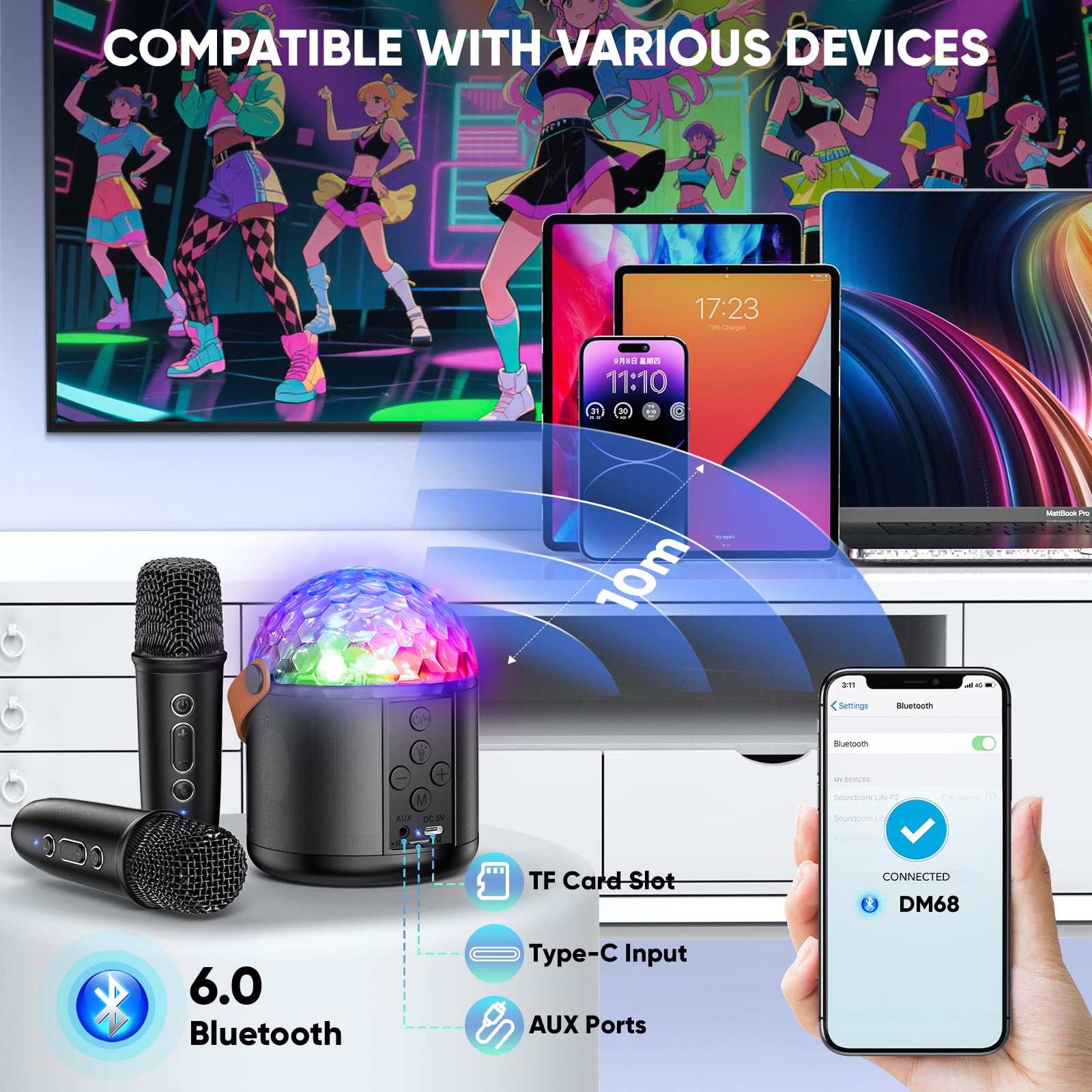 Karaoke con Microfono con Luci da Discoteca, Microfono Karaoke con 2 Microfono Bambini Adulti Cassa Bluetooth Portatile Giocattoli Regalo per Feste in Casa & Compleanno - Regali Natale Bambini