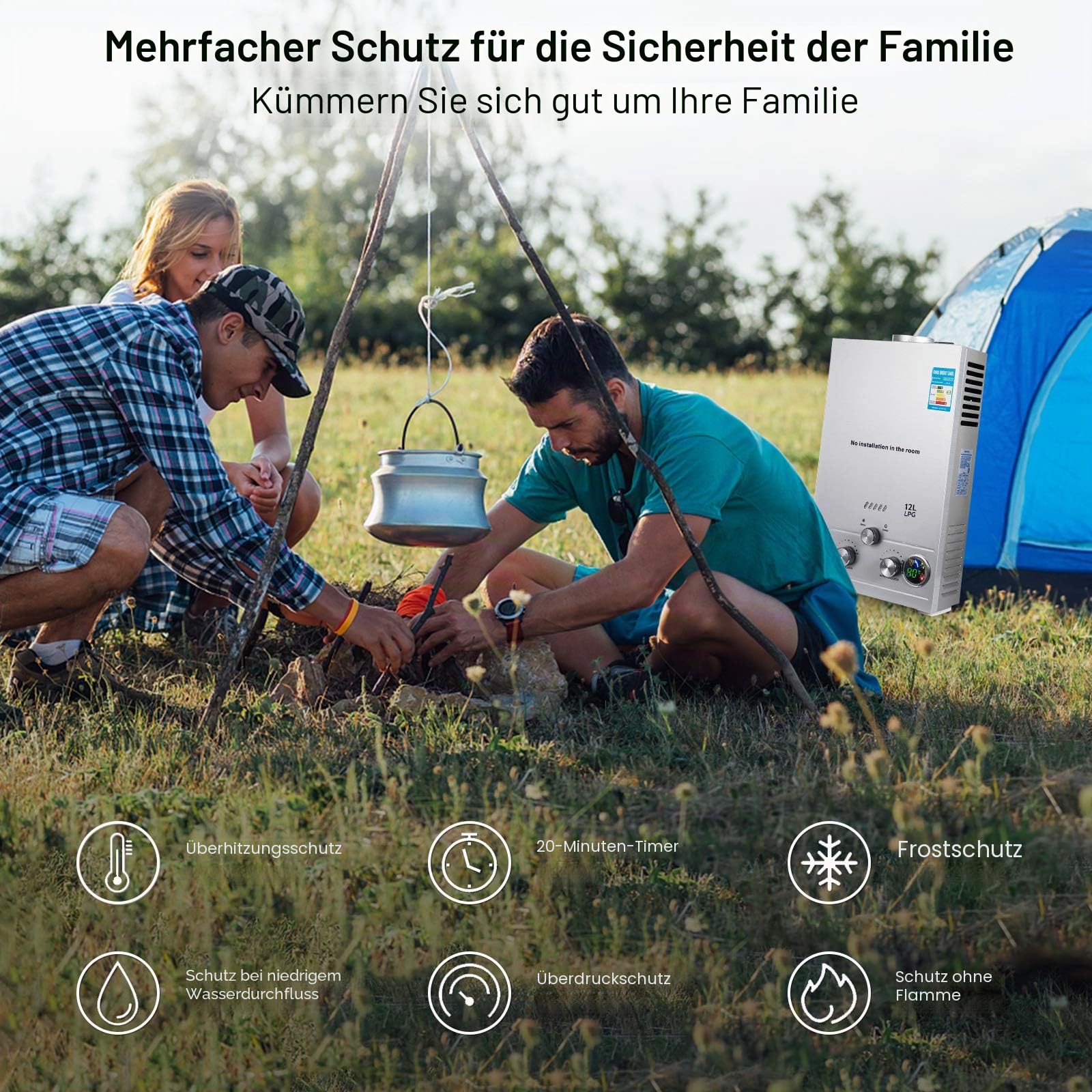 Gas-Wassererhitzer, 16 L/min 32 kW tragbarer wasserloser Durchlauferhitzer, sofortiger Propangas-Wassererhitzer mit digitalem Display und mehrfachem Schutz für Camping- und Wohnmobilreisen (16 L)