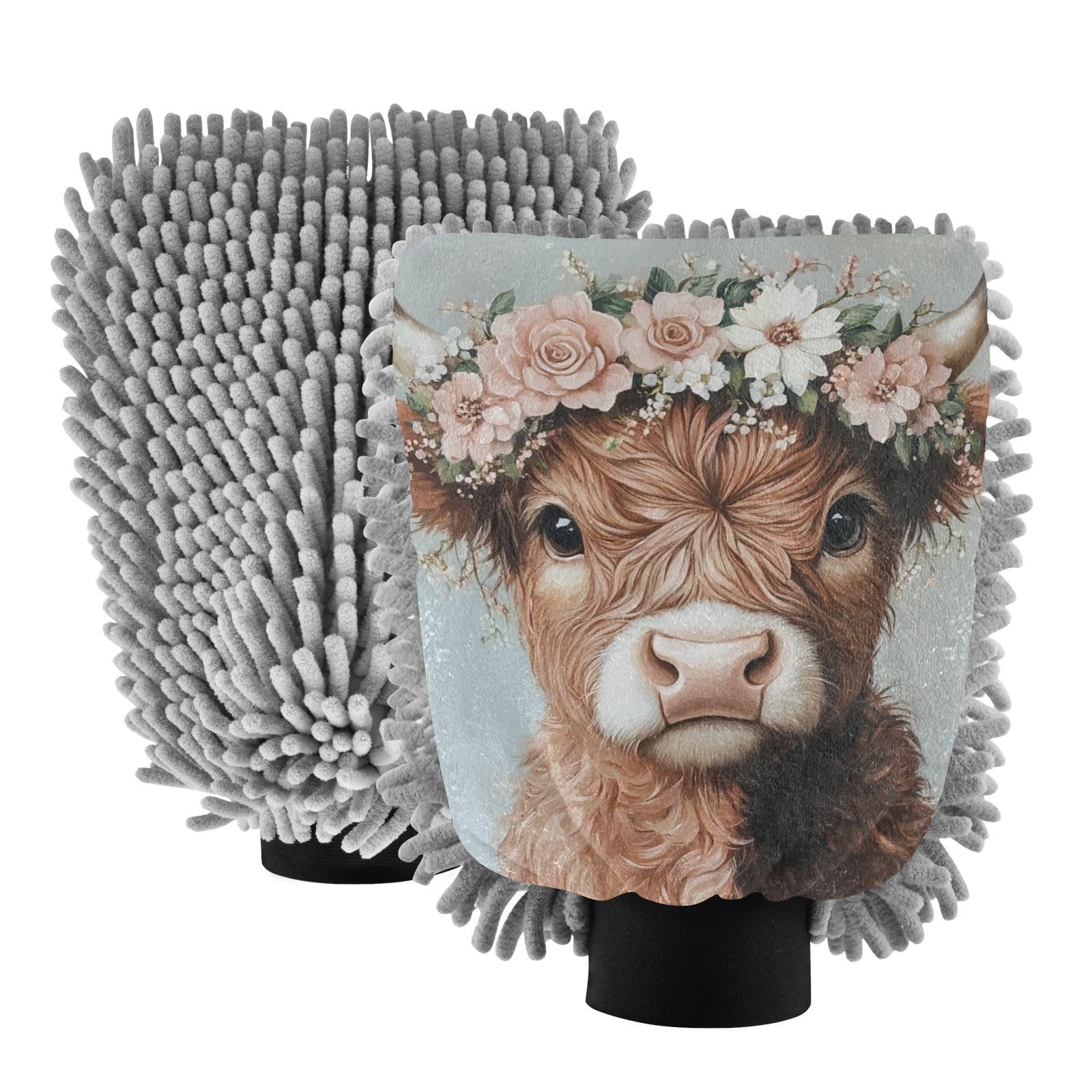 Hezely Flower Highland Cow Car Wash Mitt, 2PK Scratch Free Lint-Free for Car Washing and Detailing