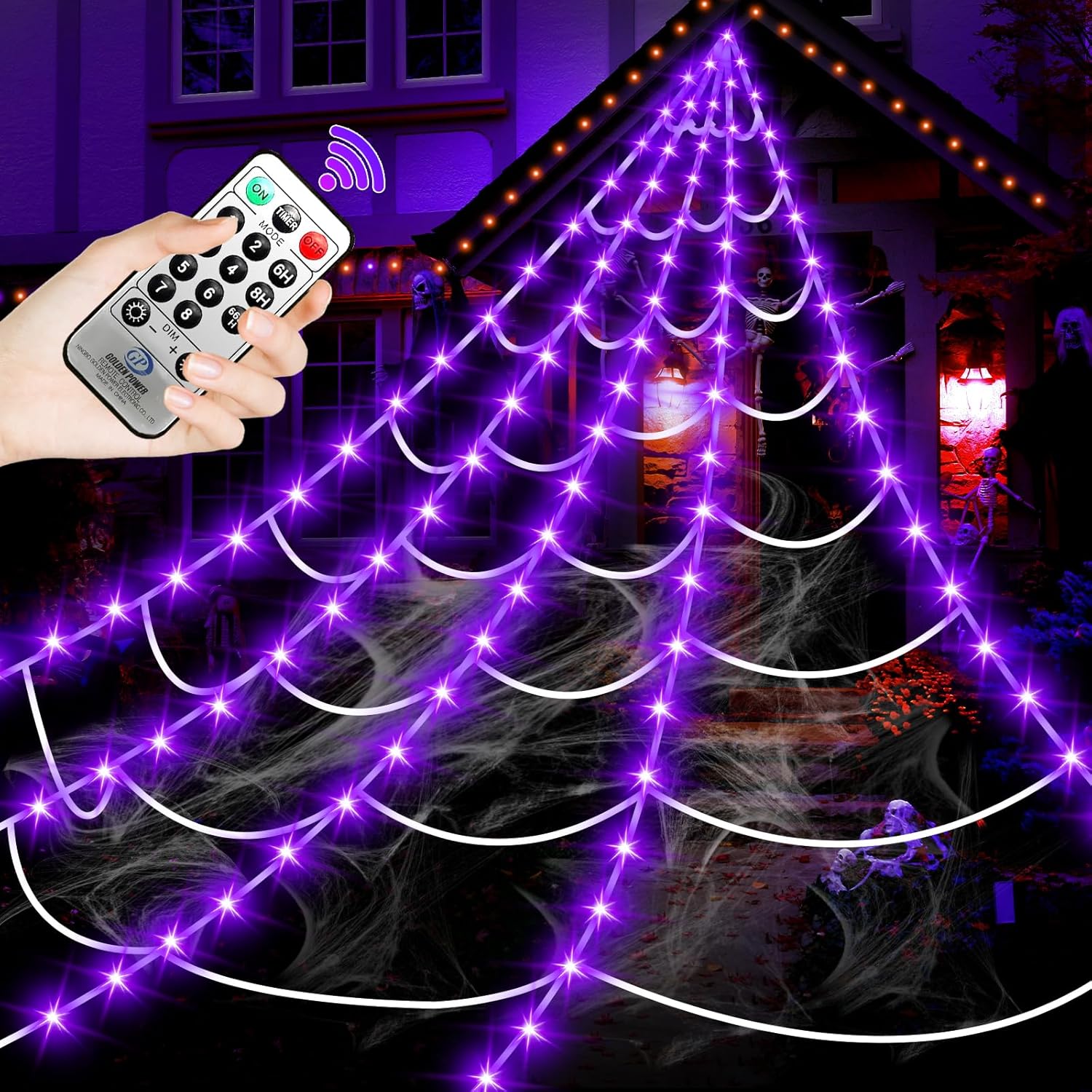 Halloween Decorations Outdoor Spider Web Lights,16.4Ft 220 LED Lighted Spider Web Light up with 8 Modes Waterproof Timer for Yard House Halloween Outdoor Decor Purple Spiderweb