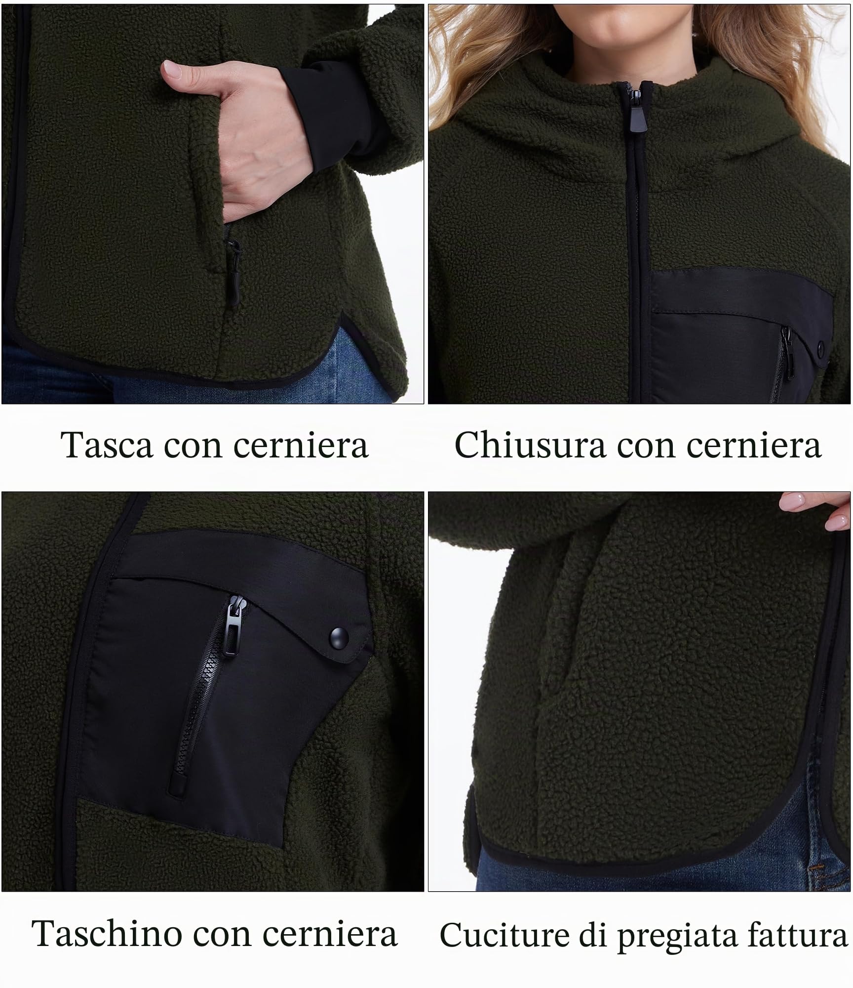 Giacca Pile Donna Invernale con Cappuccio Cerniera Felpa Sherpa Polar Hoodie Caldo Termica Lavoro Teddy Cappotto per Outdoor Running Trekking Sci