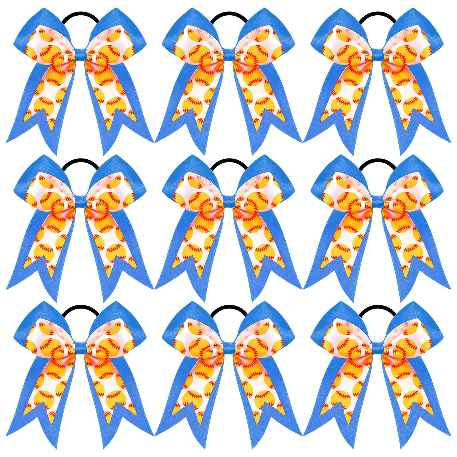 MTLEE 9 Pcs 5.1 Inch Blue Softball Ribbon Hair Bows Elastic Cheer Scrunchies Cheerleader Bows Volleyball Sports Ball Ponytail Holder Sport Hair