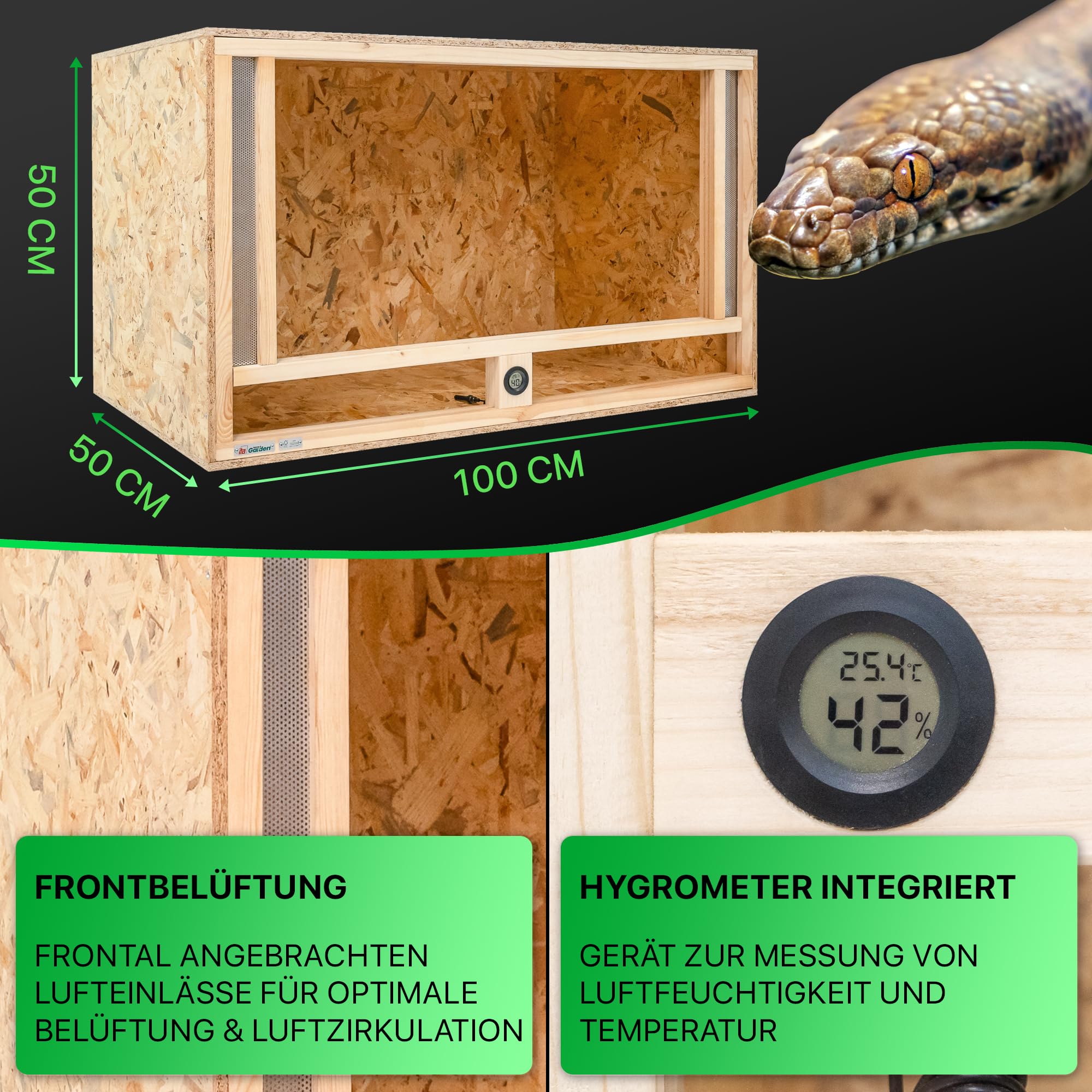 ITA Holz Terrarium 100x50x50 cm mit Frontbelüftung & Integriertem Hygrometer - Holzterrarium aus OSB-3 Platten - Terrarien für Reptilien, Schlangen, Amphibien - EU Produkt, FSC Zertifiziert