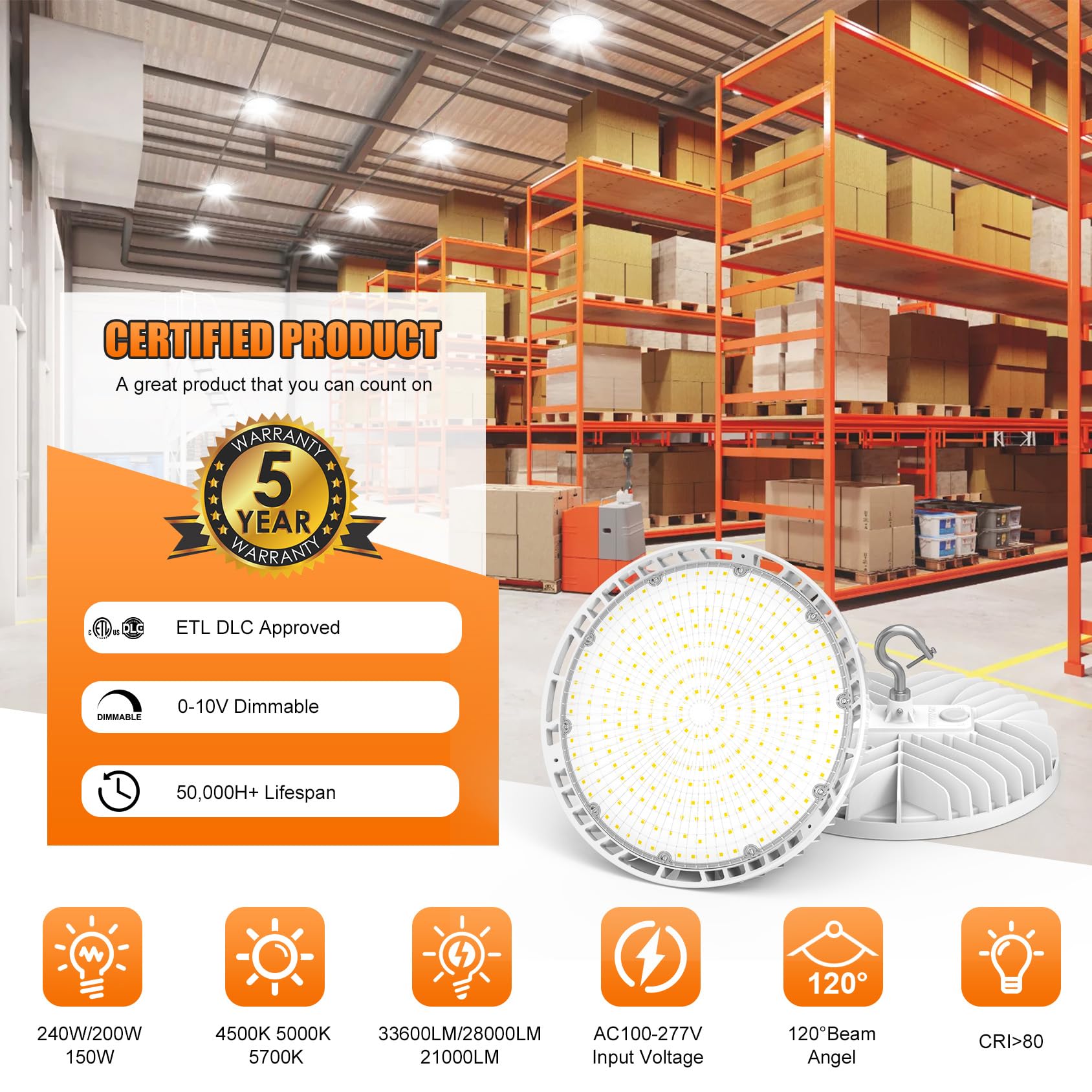 6 Pack LED High Bay Light 240W 200W 150W Adjustable UFO High Bay LED Lights 4500K 5000K 5700K — view 2